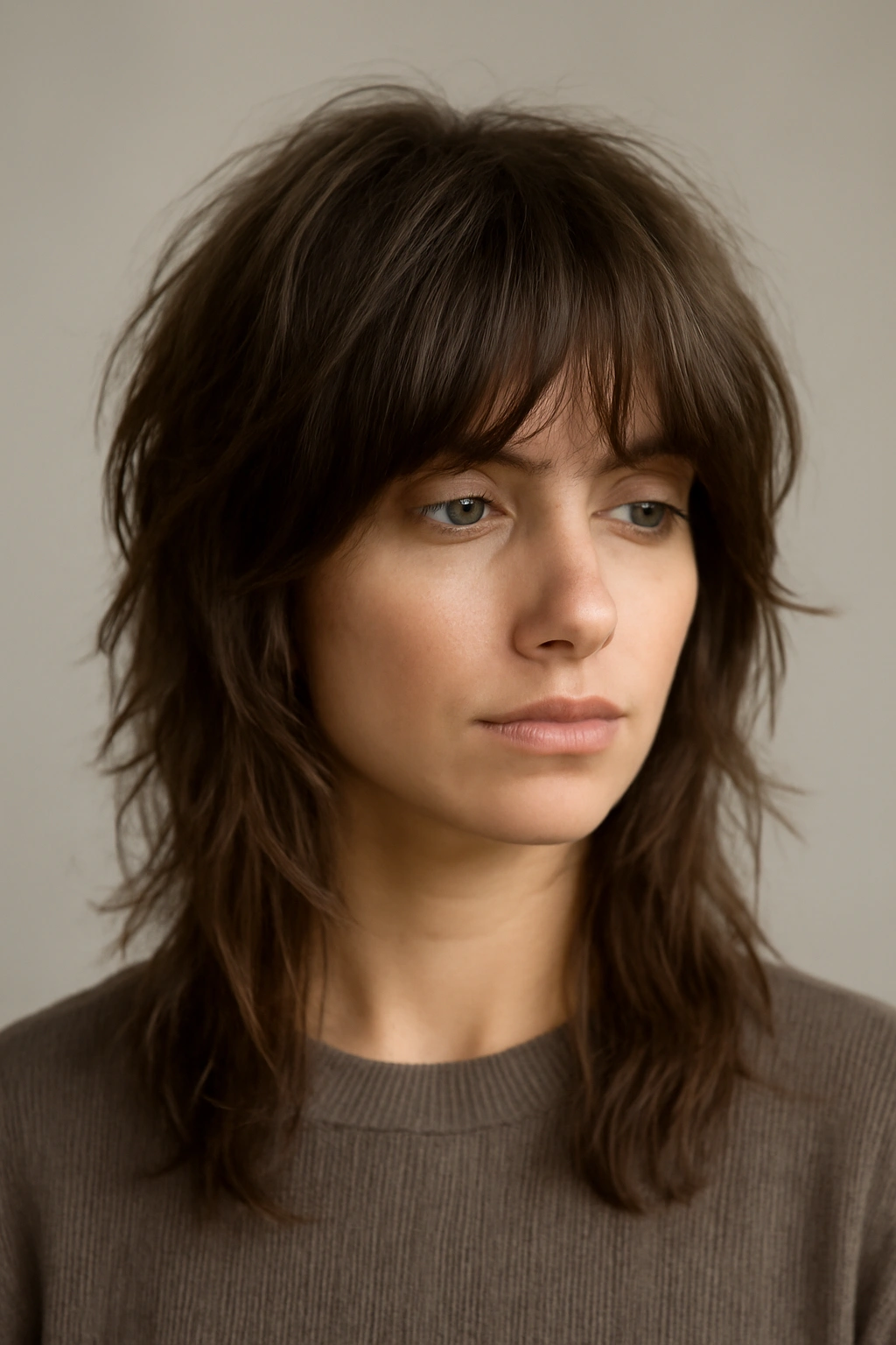 Model with shag haircut featuring longer nose-length bangs blending with textured layers