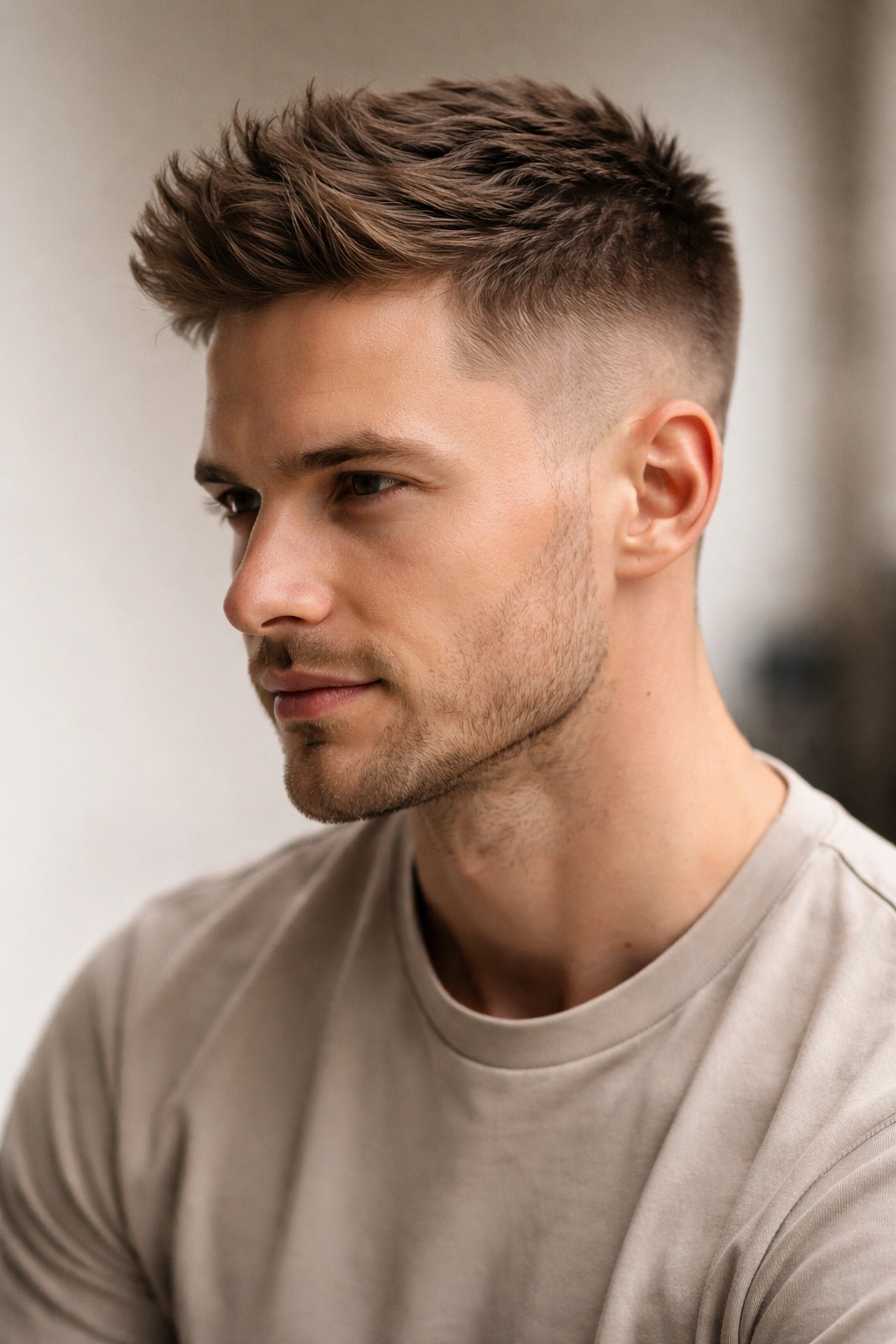 Man with longer textured crew cut and subtle fade.
