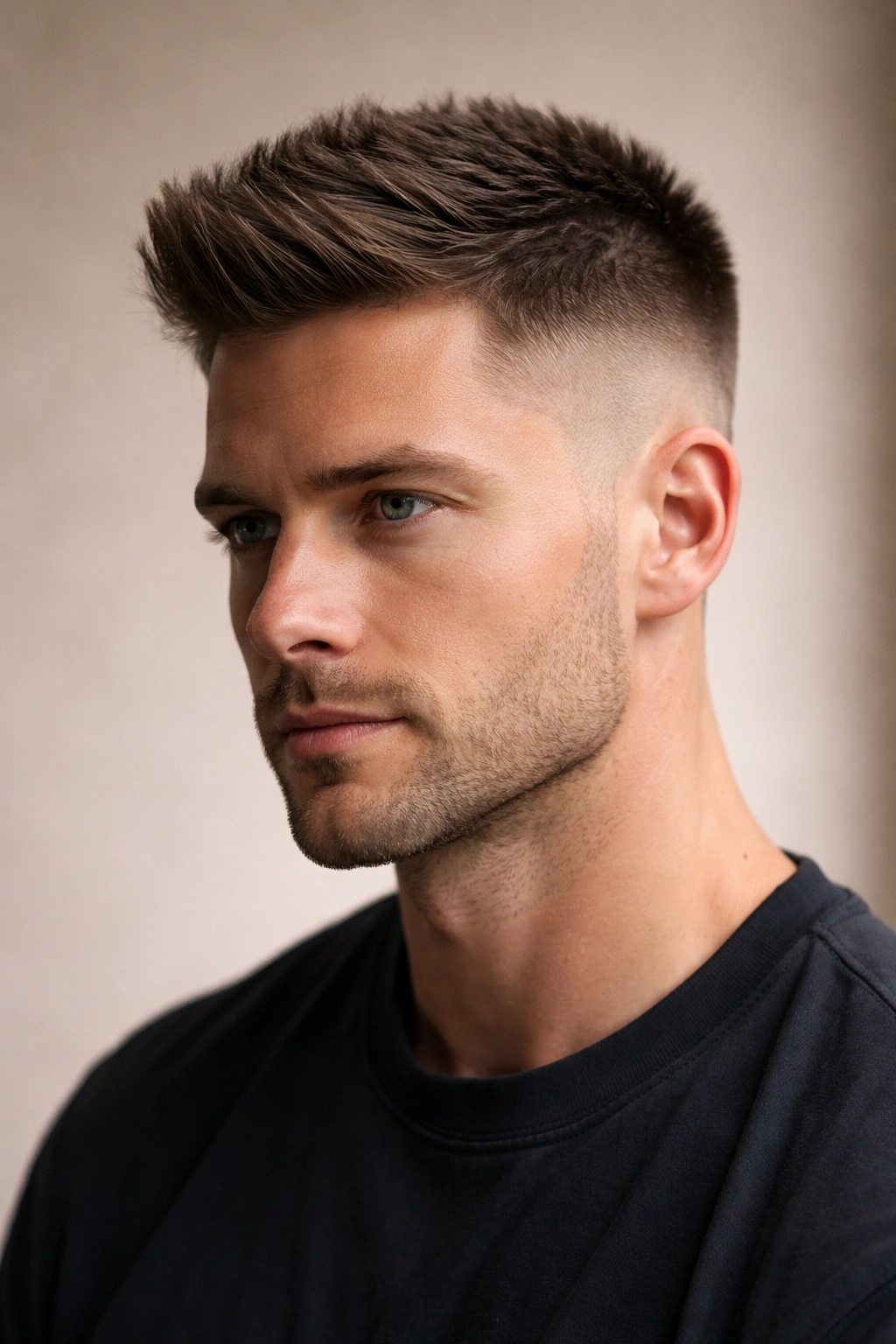 Crew cut with longer front and crown for added height.