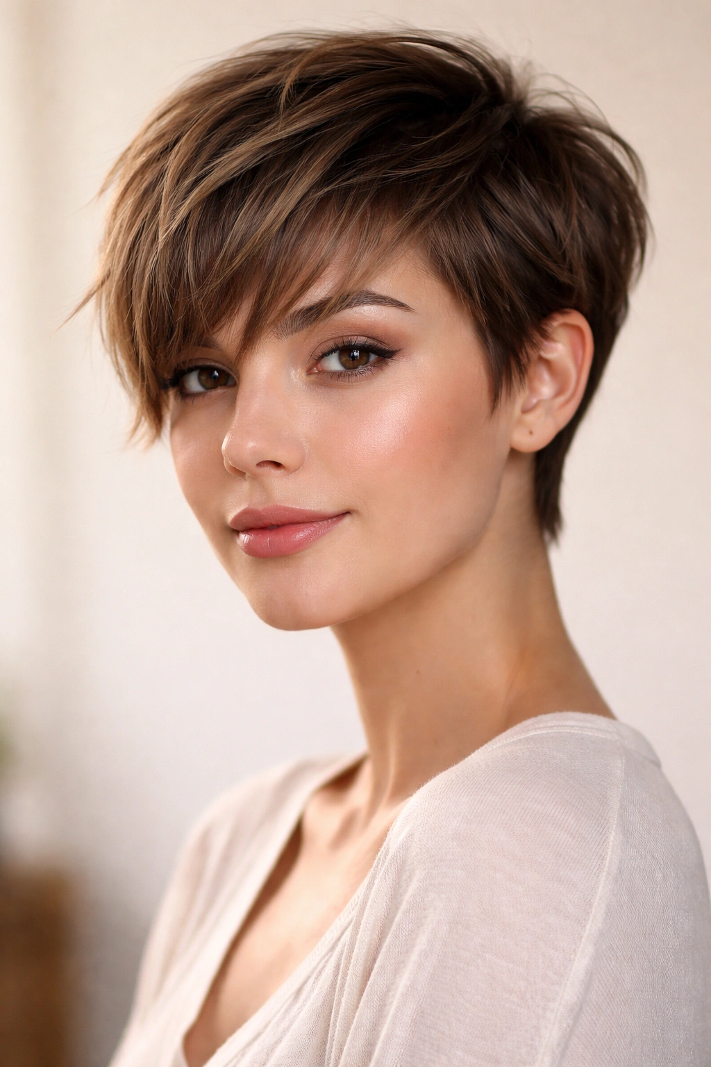 Portrait of longer pixie with long textured bangs and top height