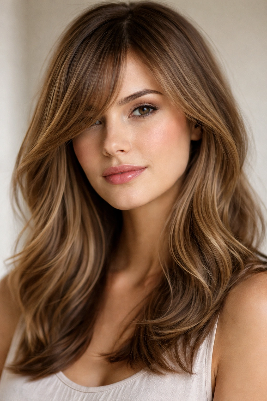 Side-swept longer bangs framing the cheekbone in medium-length hair