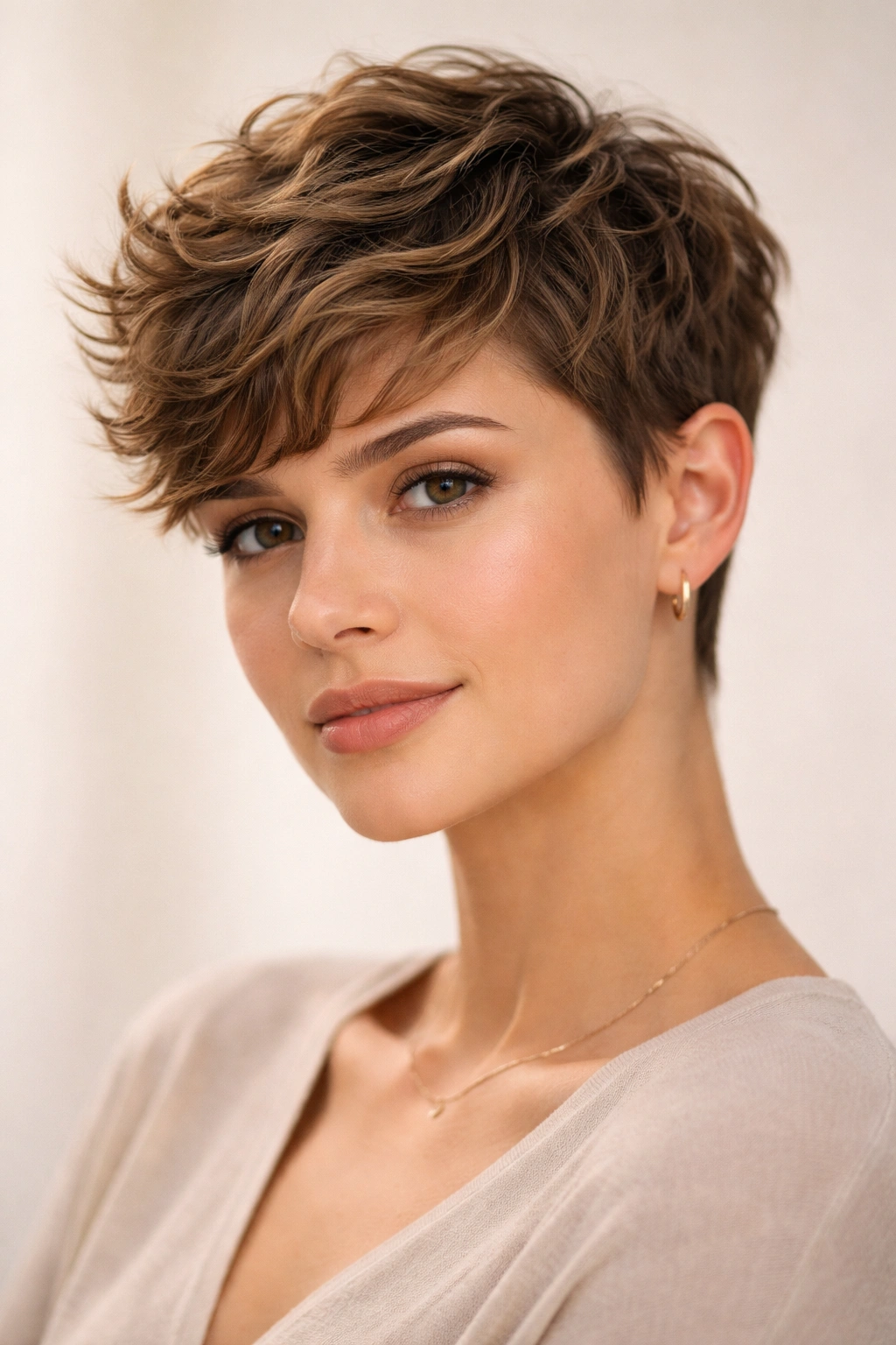 Close-up of a longer textured pixie crop with top length and waves