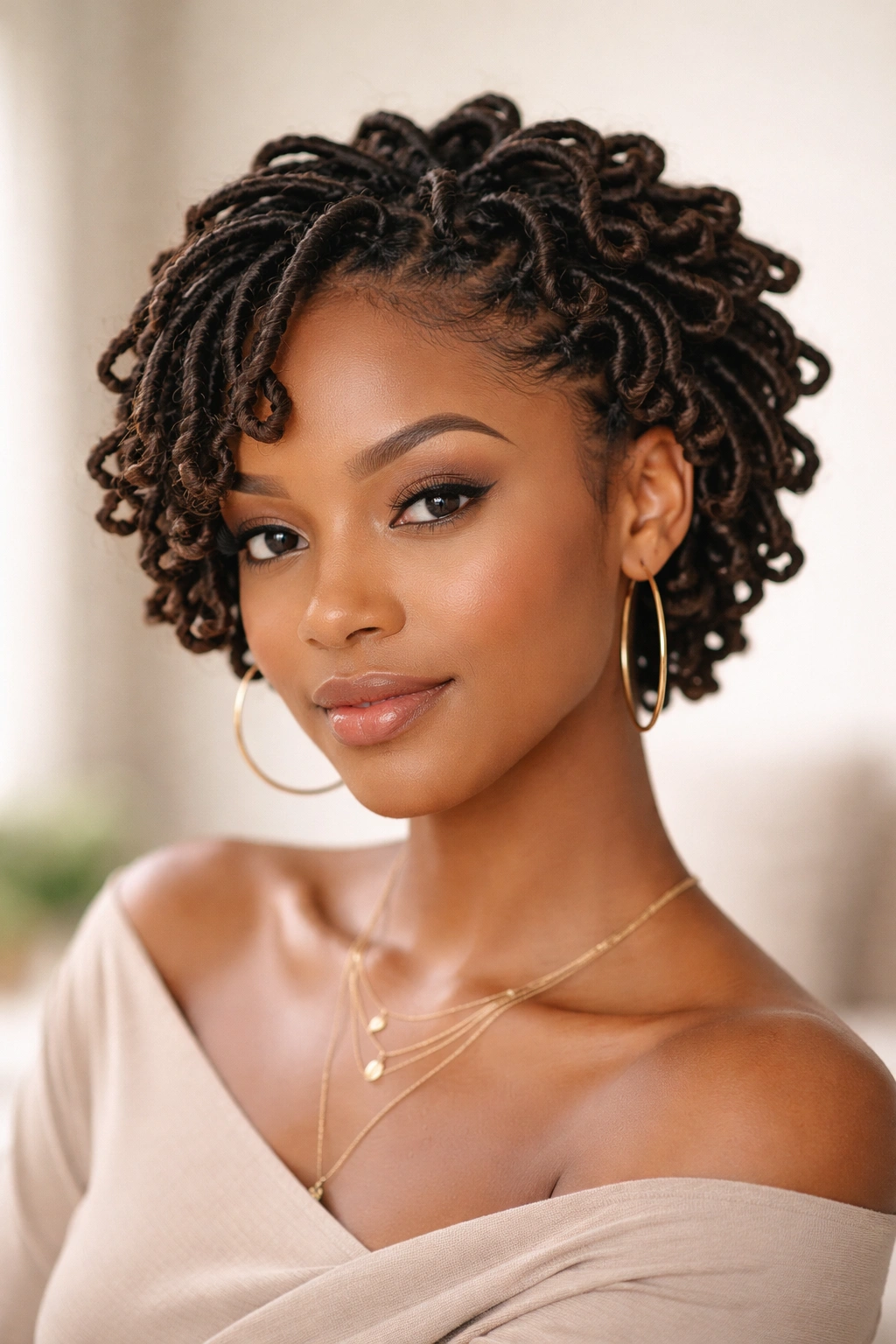 Short locs looped back into curls with pins