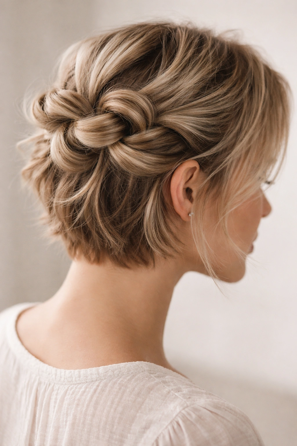 Close-up of short hair with looped pieces pinned at the crown, showing loops and texture