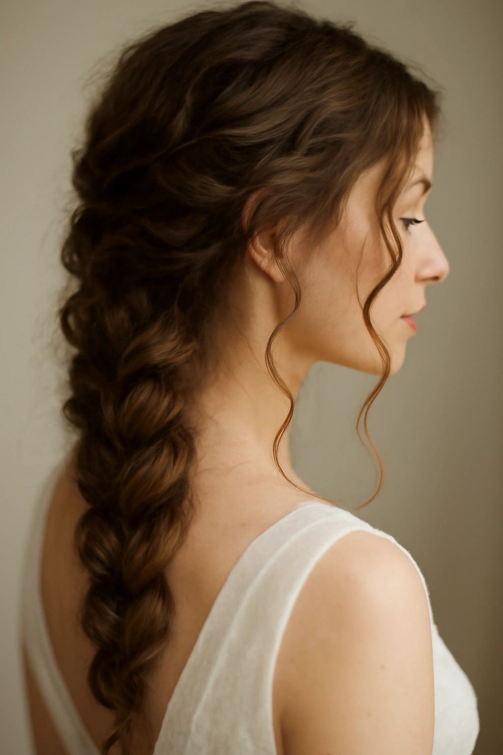 Close-up of a loose three-strand braid on wavy hair with soft lighting