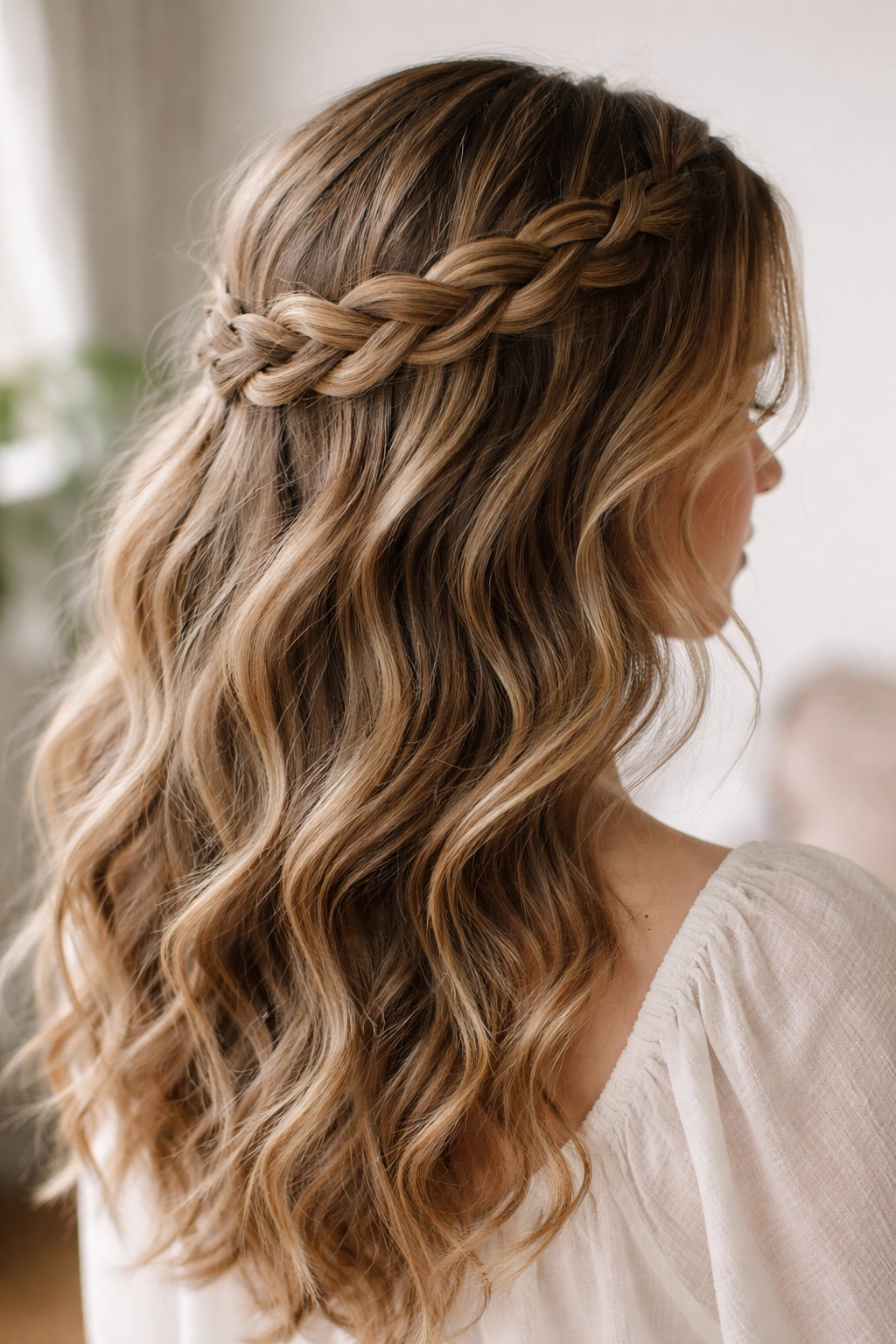 Loose braided crown around the head with visible waves underneath