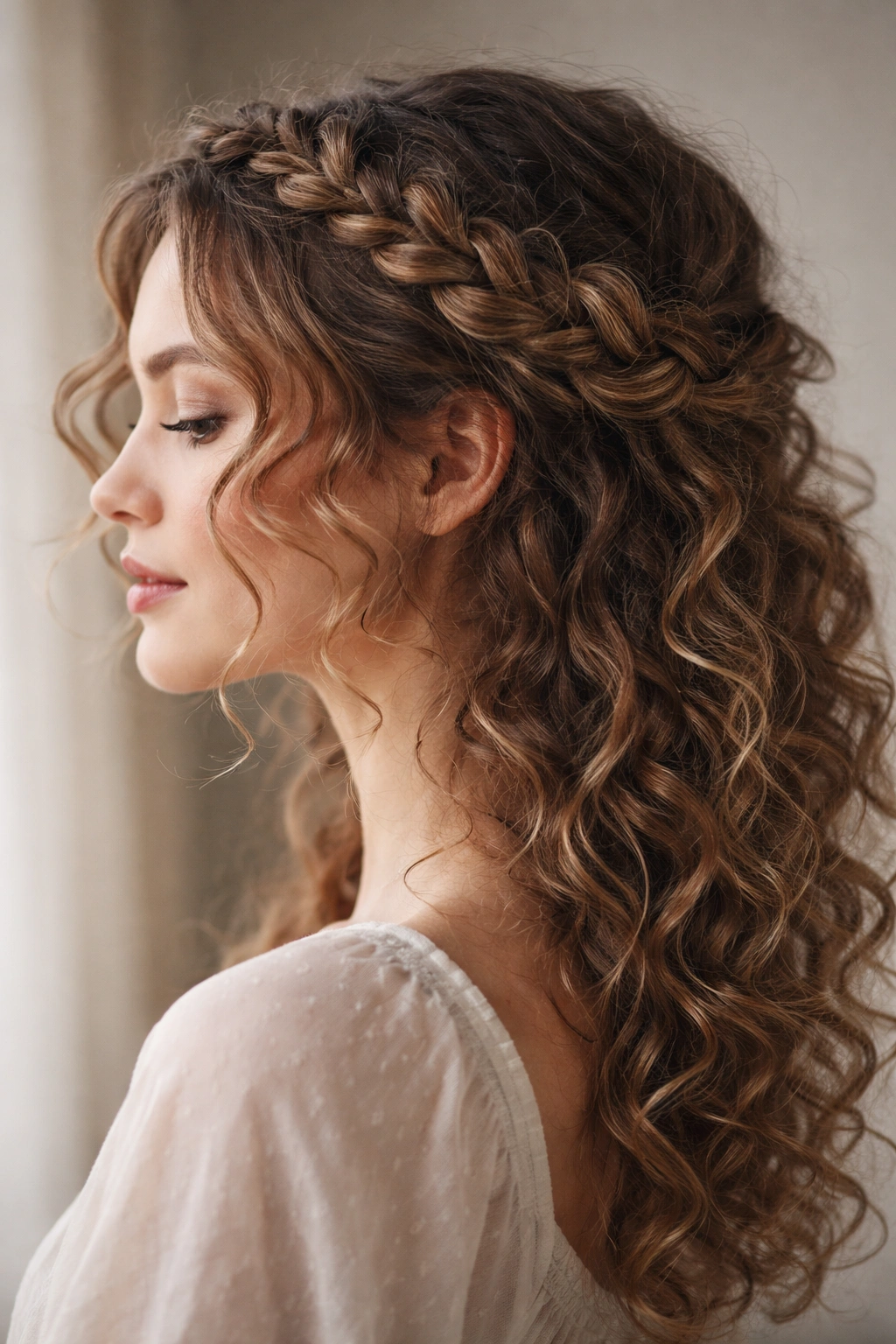 Side view of a loose crown braid with curls showing texture