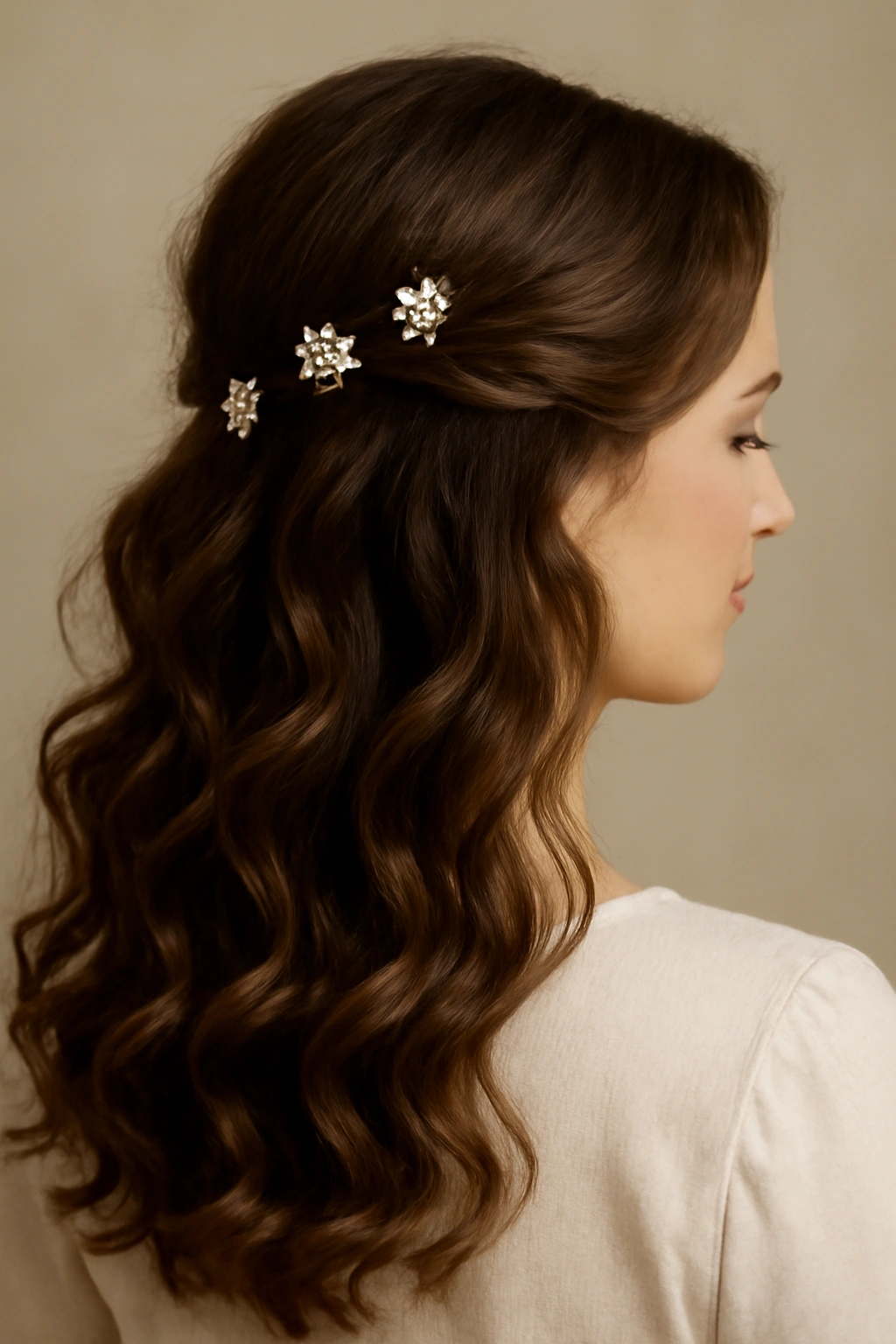 Loose curls with decorative pins arranged along the curls.