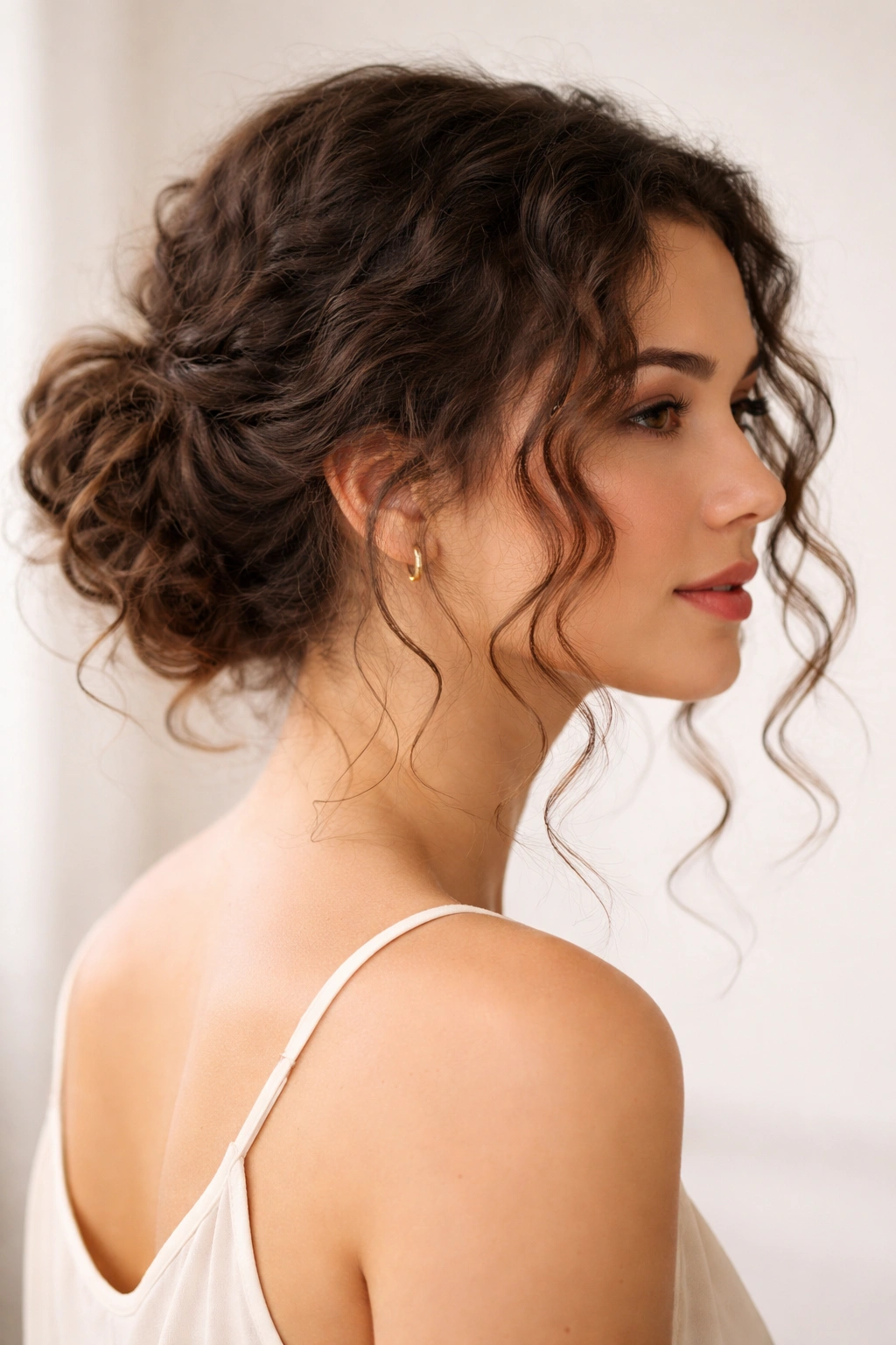 Three-quarter rear view of a loose low bun with face-framing curls