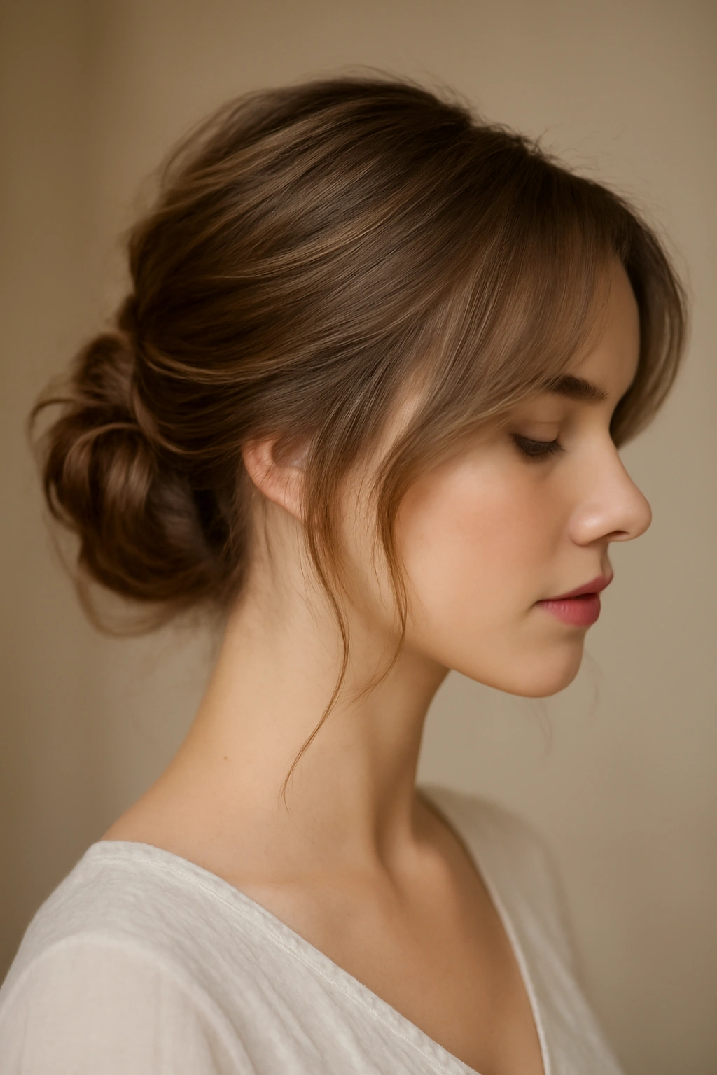 Soft low bun with wispy face-framing strands for romantic bridal look