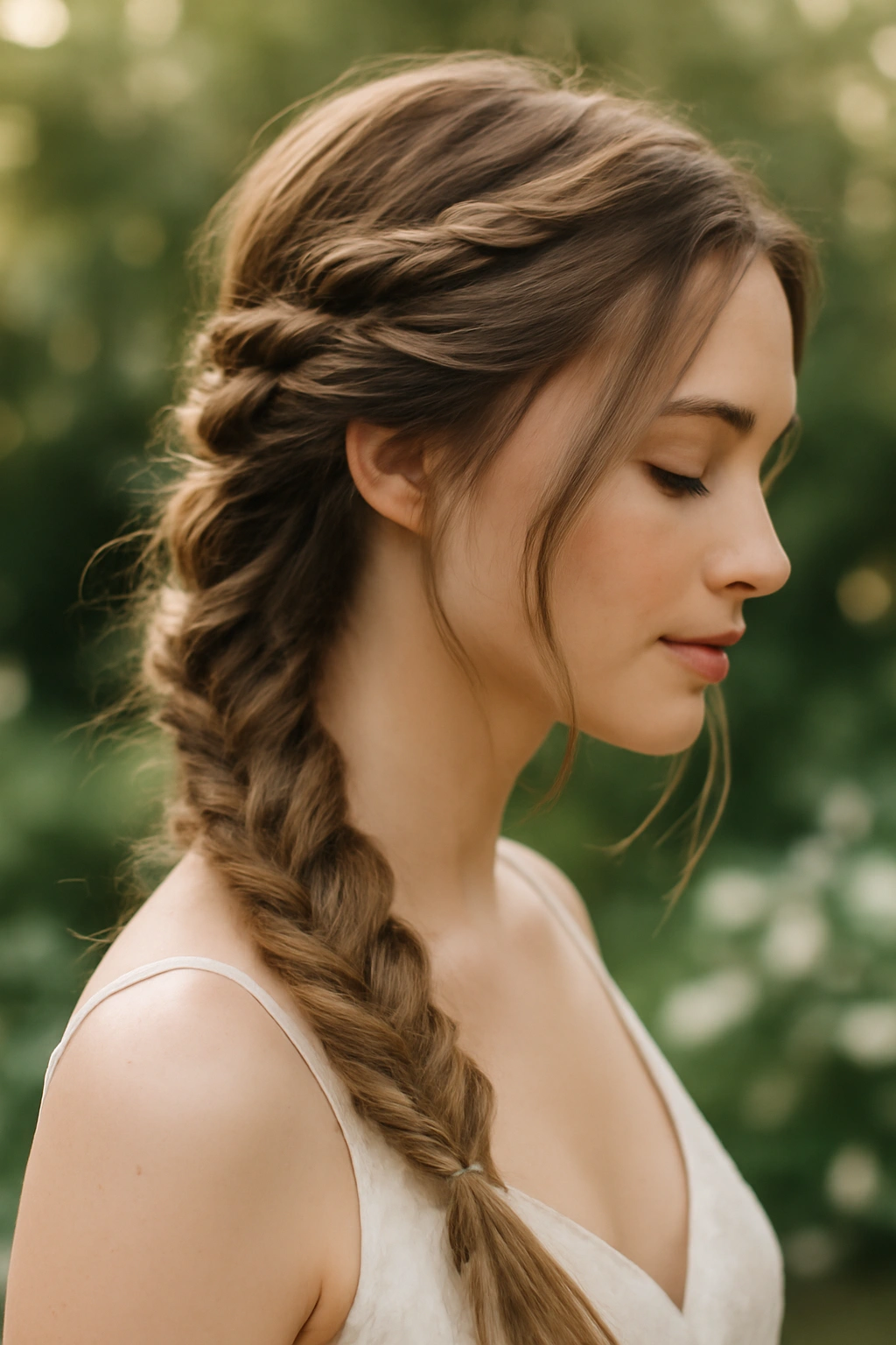 Loose textured braid running from temple to shoulder for a romantic undone look