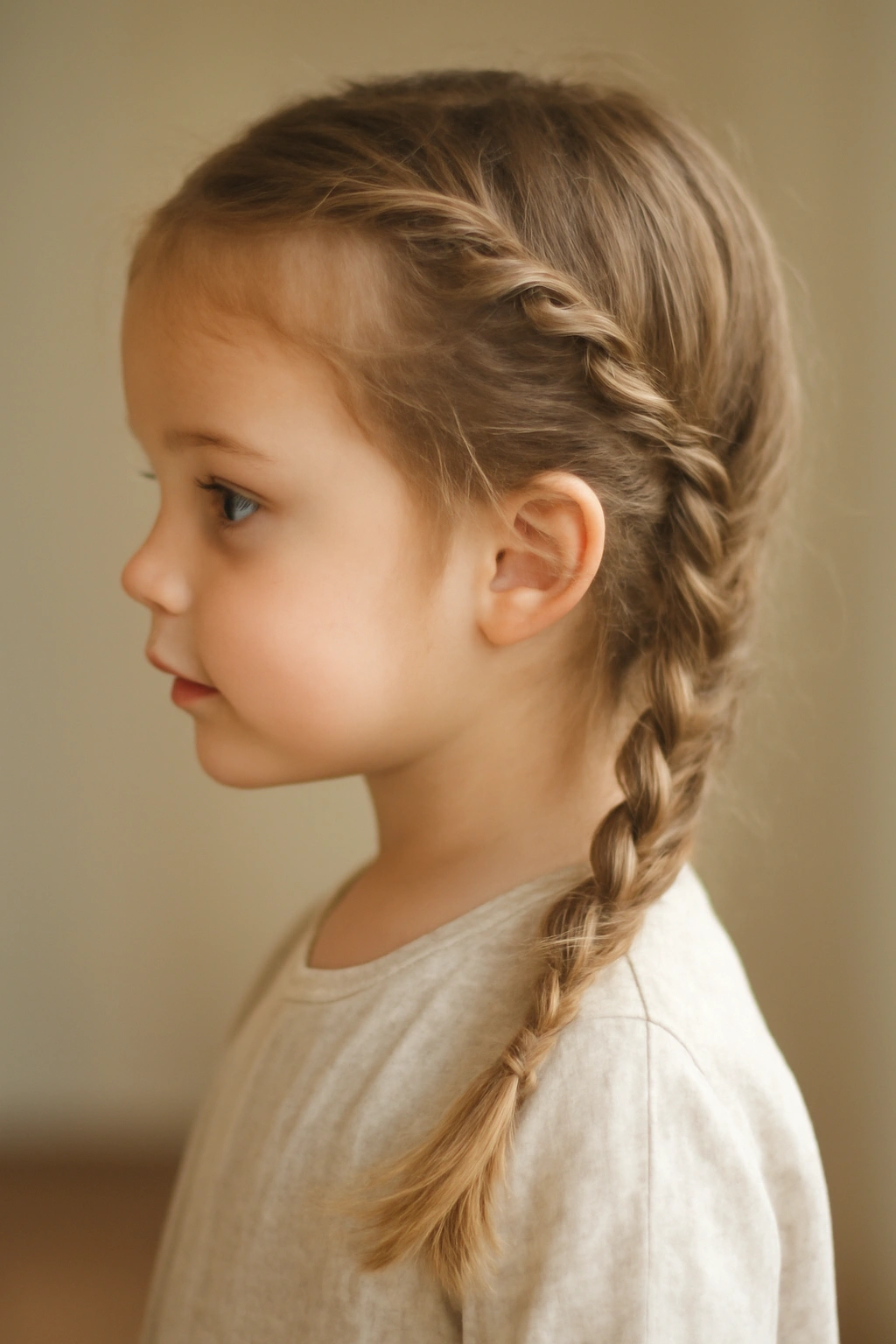 Loose side braid with twists cascading over a toddler's shoulder
