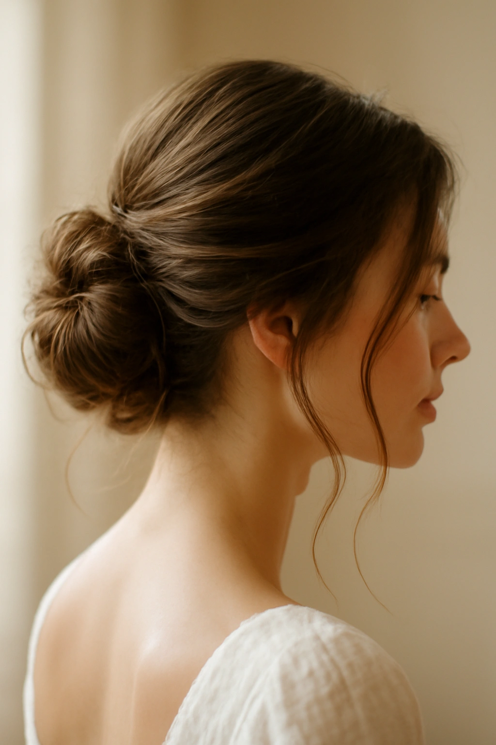 Loose undone bun hairstyle with nape bun and face-framing wisps