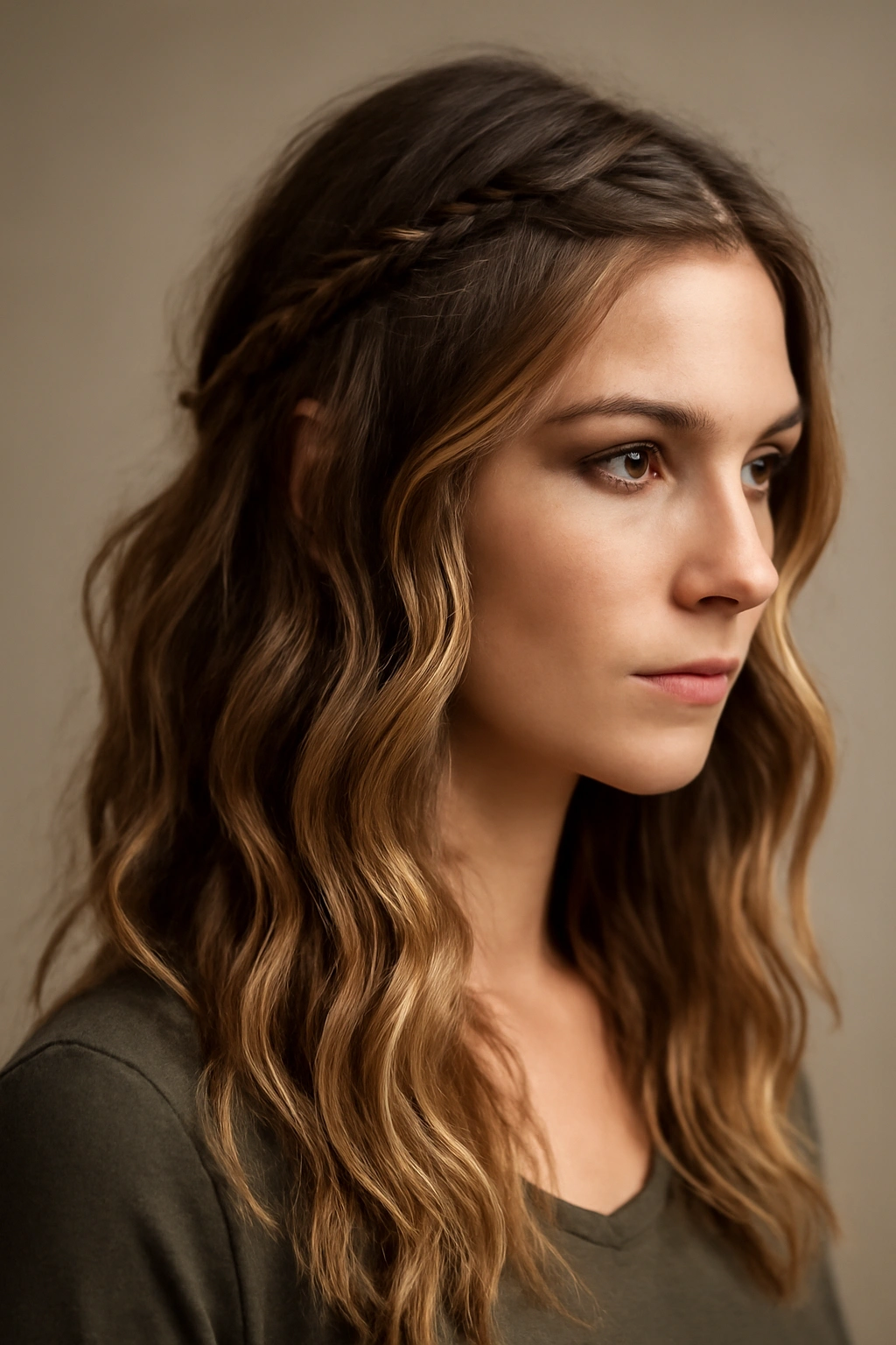 Close-up of loose waves with partial crown braid, Viking-inspired hairstyle highlighting texture