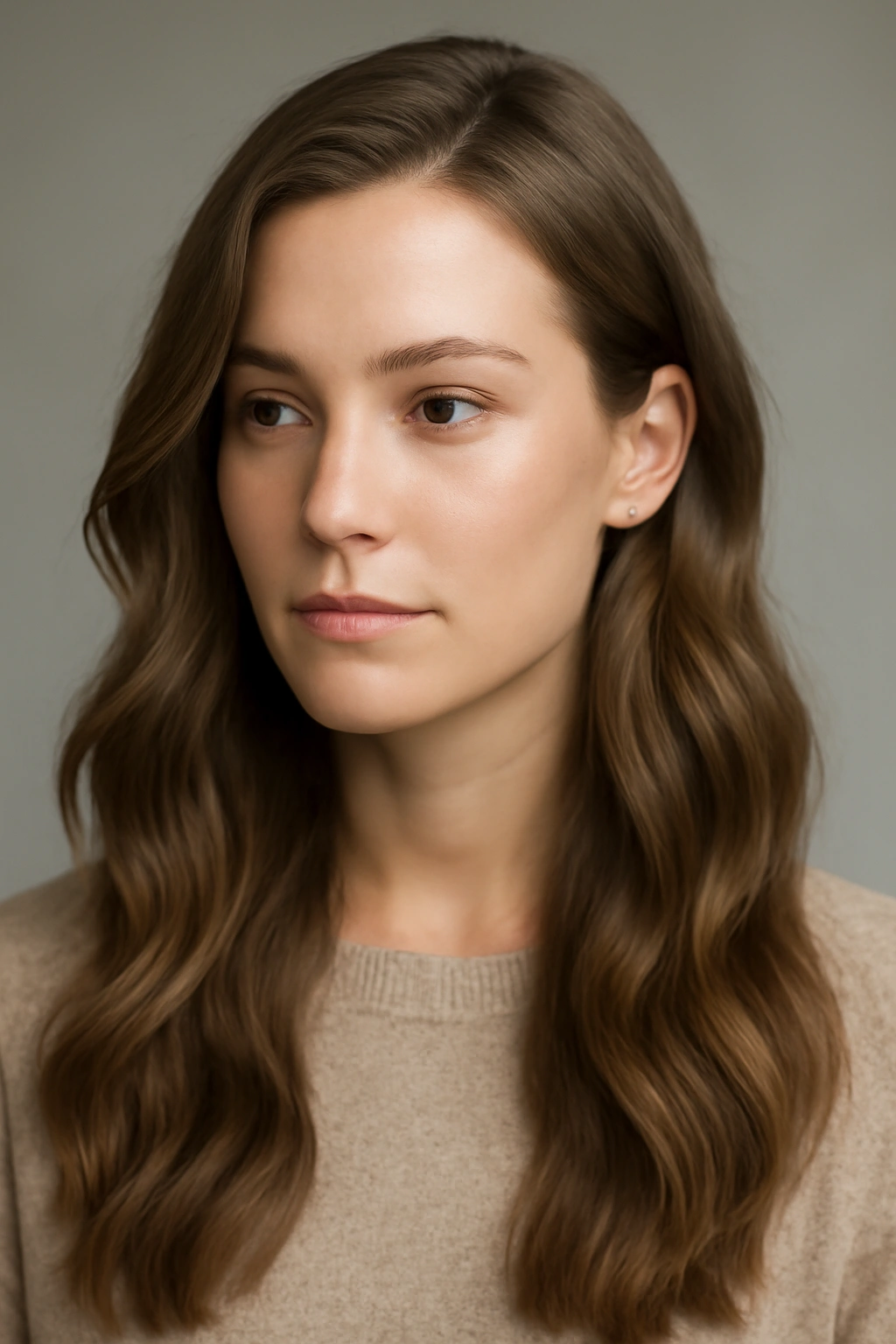 Portrait of long hair with loose waves and a low side part