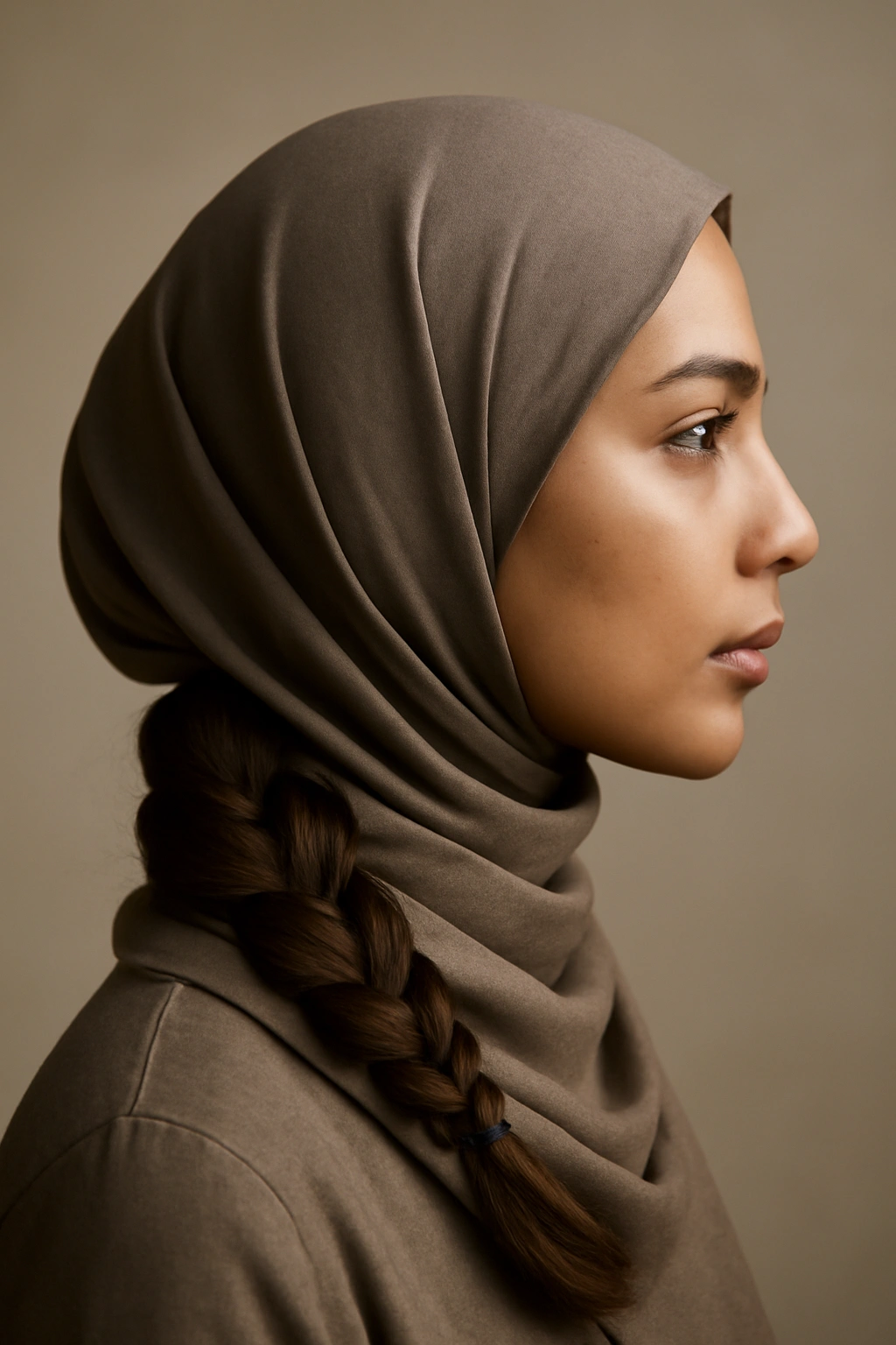 Close-up side profile of hijab wearer with a low braid at the nape