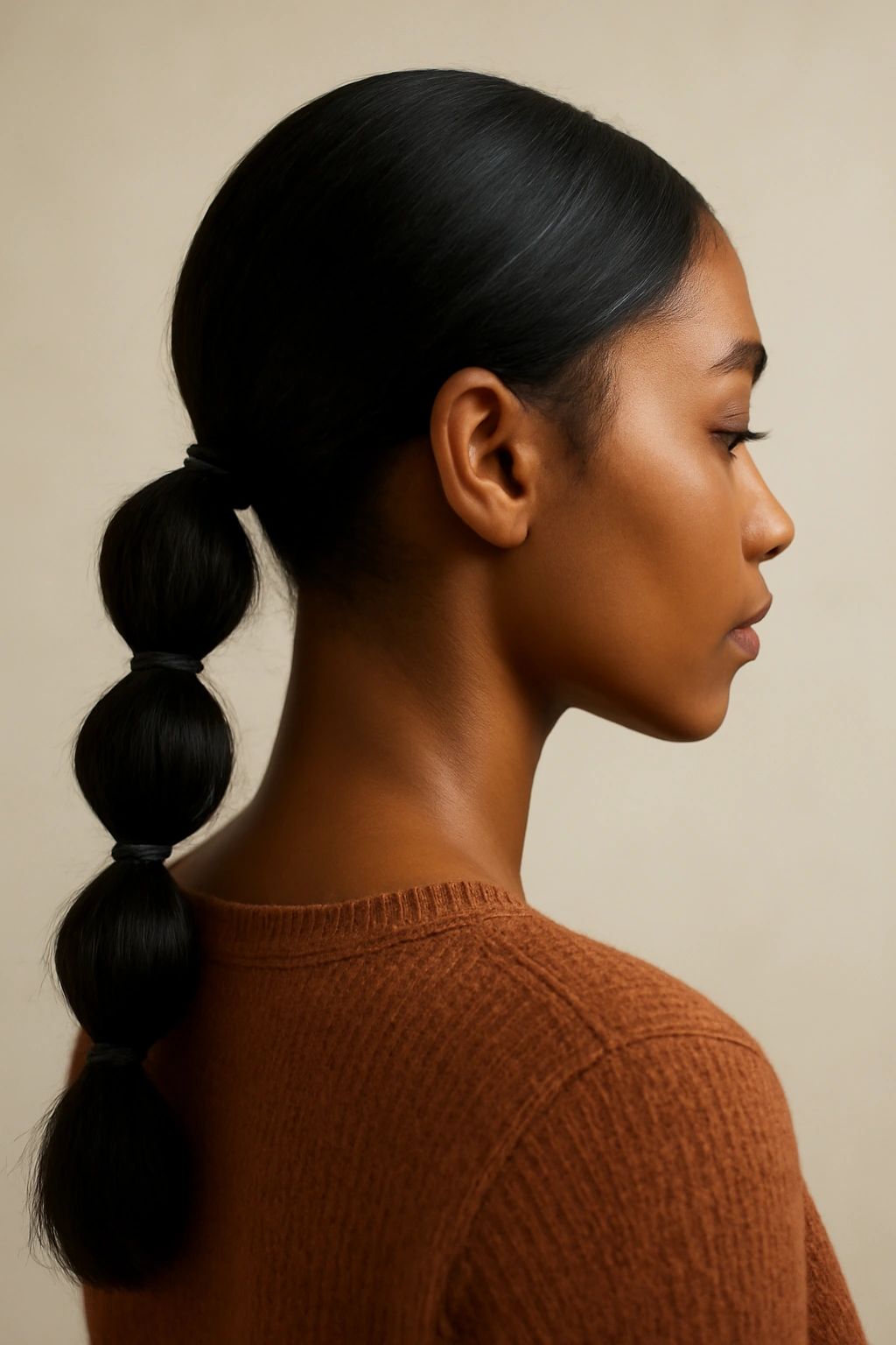 Close-up of a Black woman with a low side placed bubble ponytail