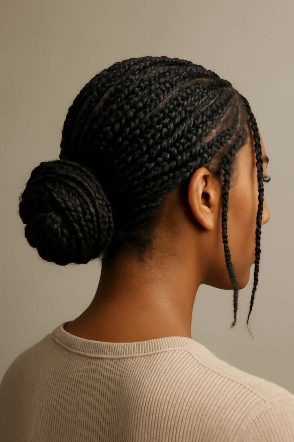 Low bun made from box braids with face-framing strands