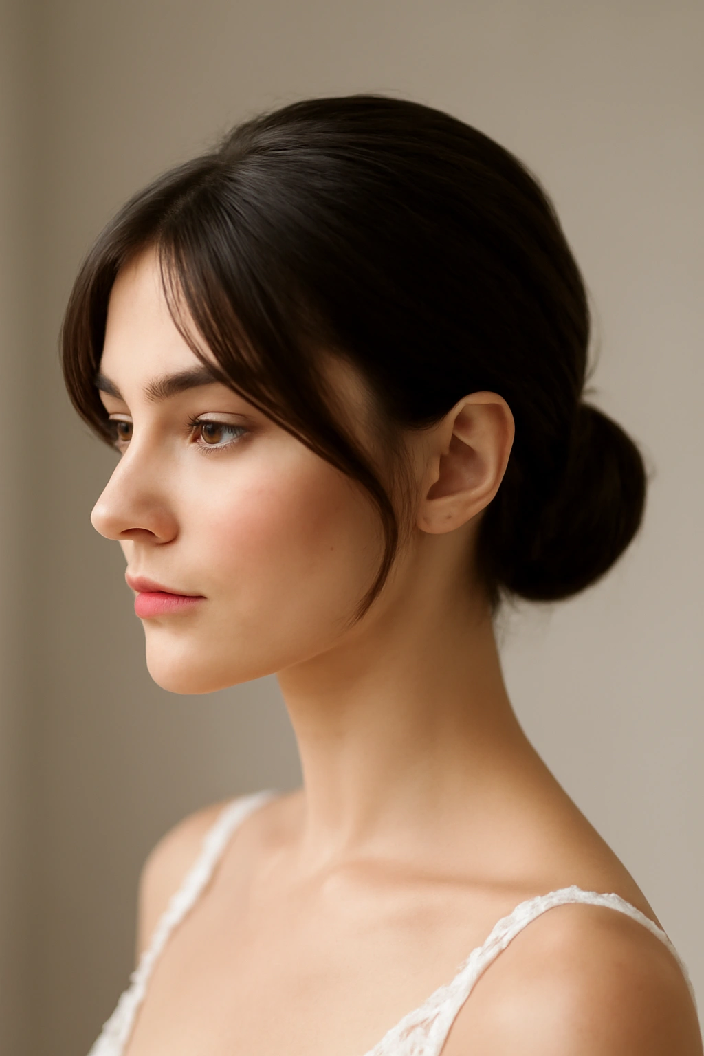 Bridal portrait featuring a sleek low bun with softened face-framing layers