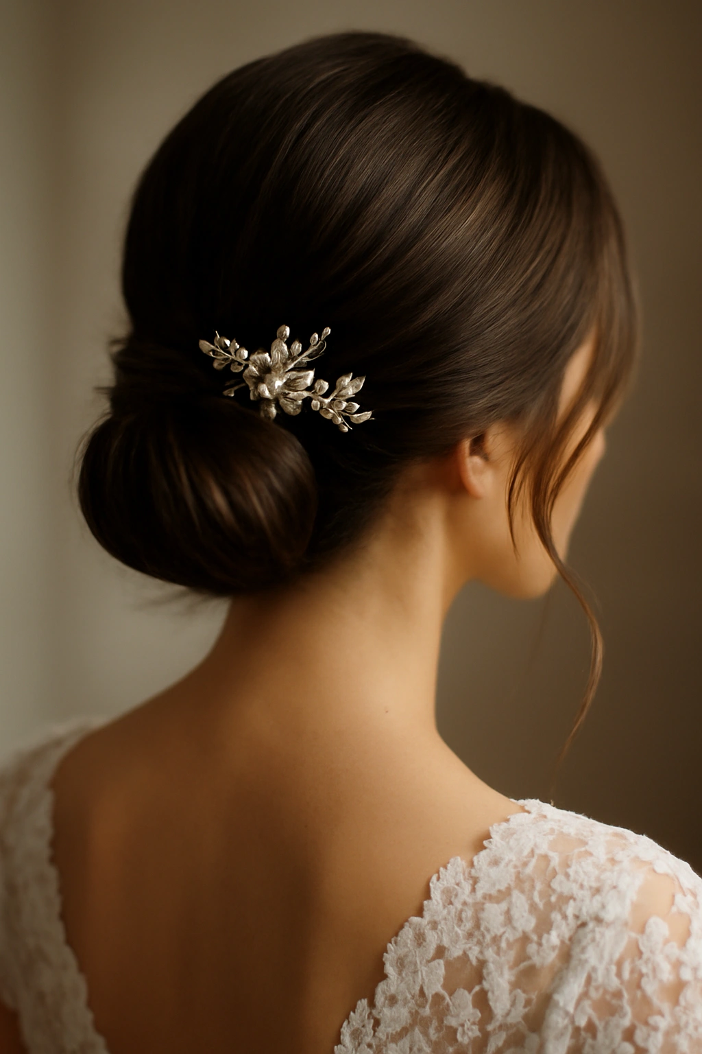 Close-up of bridal low bun with soft face-framing strands and vintage accessory.