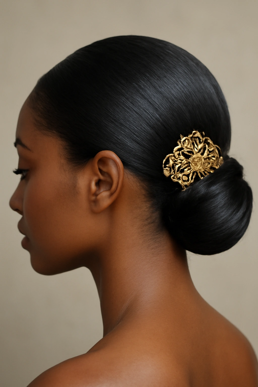 Sleek low bun secured with a decorative comb.