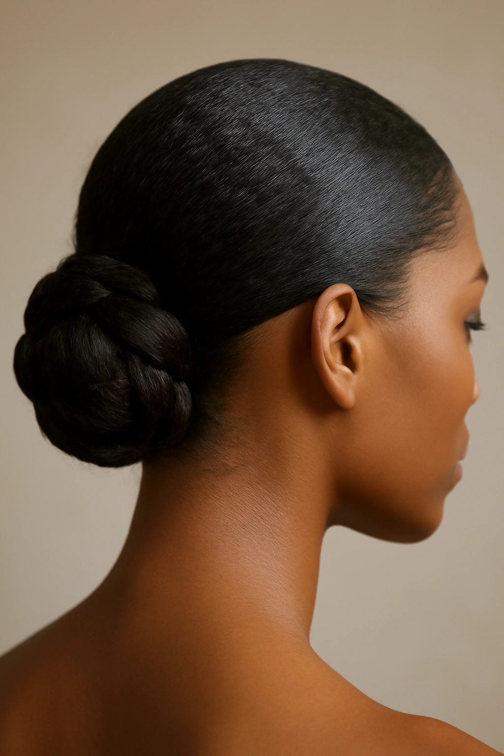 Low bun at nape with twisted segments and sleek defined edges