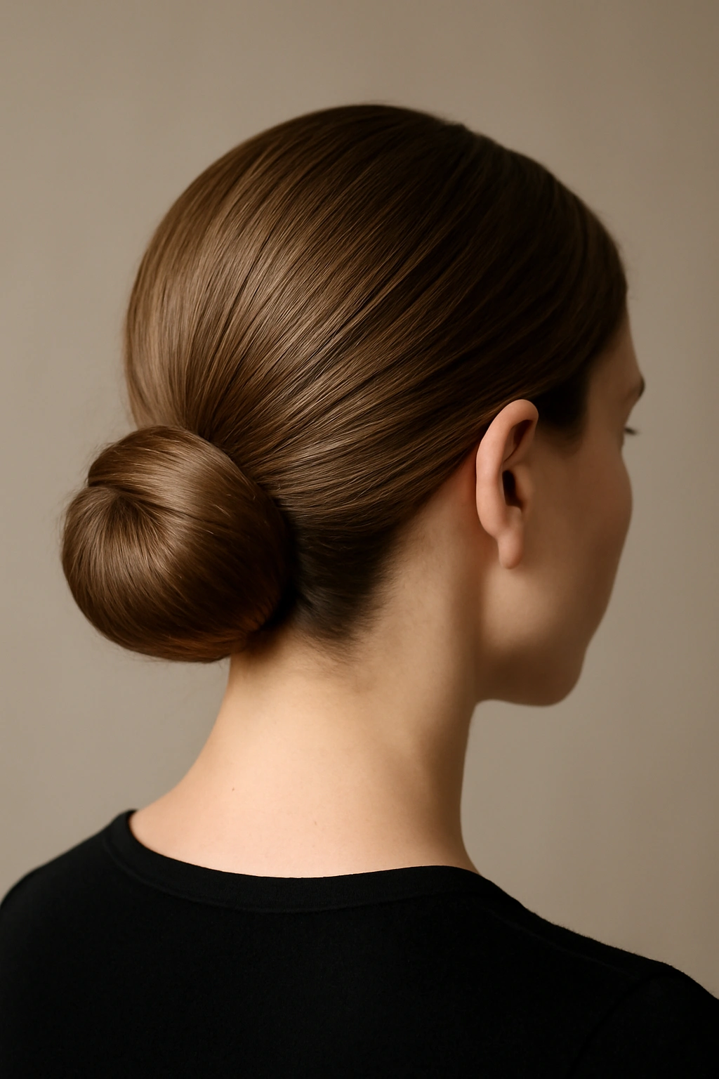 Centered low bun at nape with smooth, polished strands