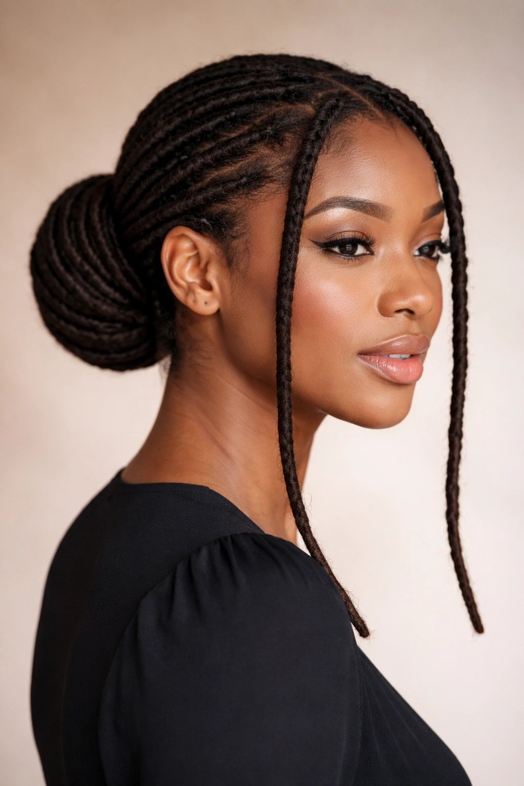Low bun at the nape with face-framing locs at the sides.
