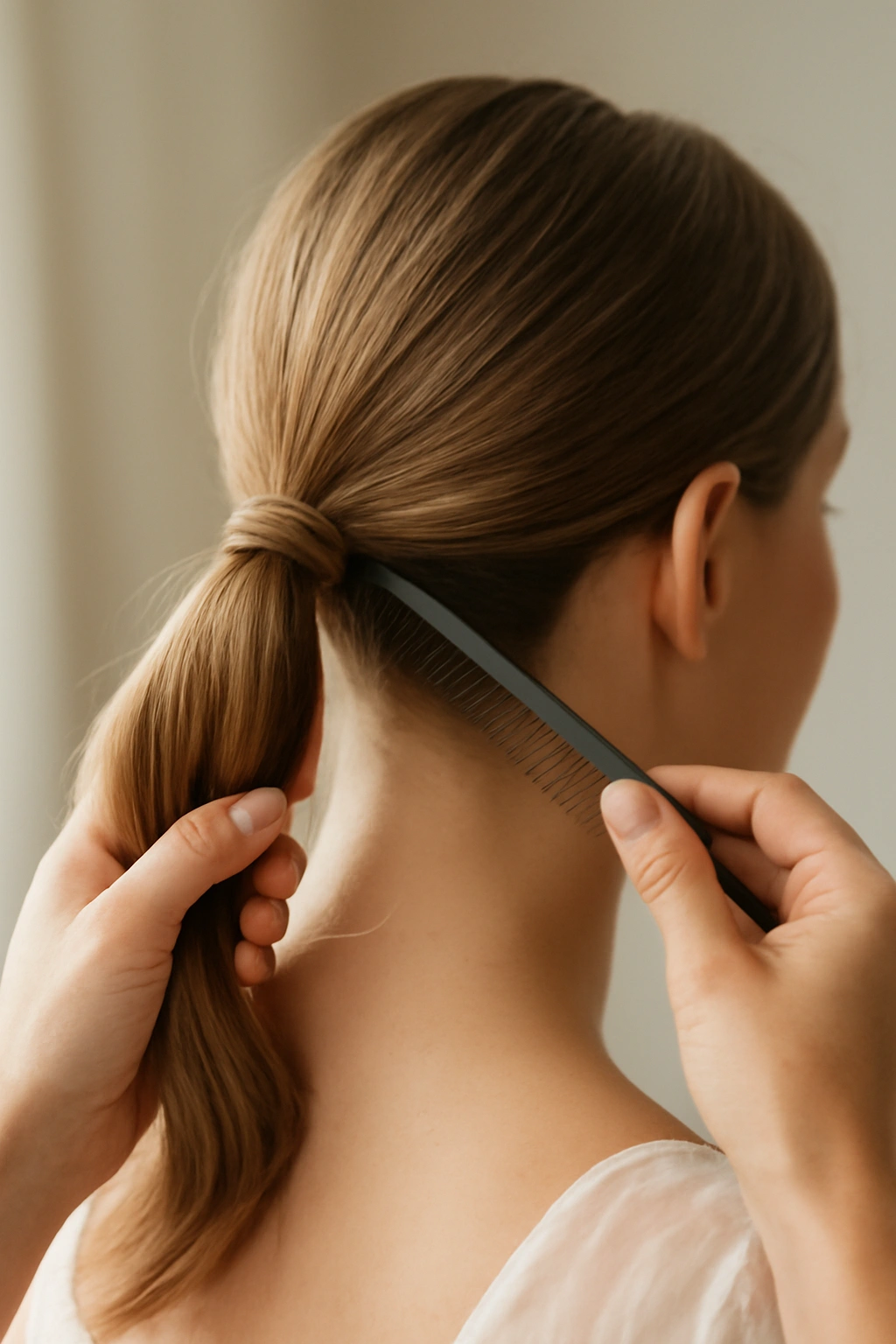 Close-up of bridal nape with hair gathered into a low ponytail at the nape