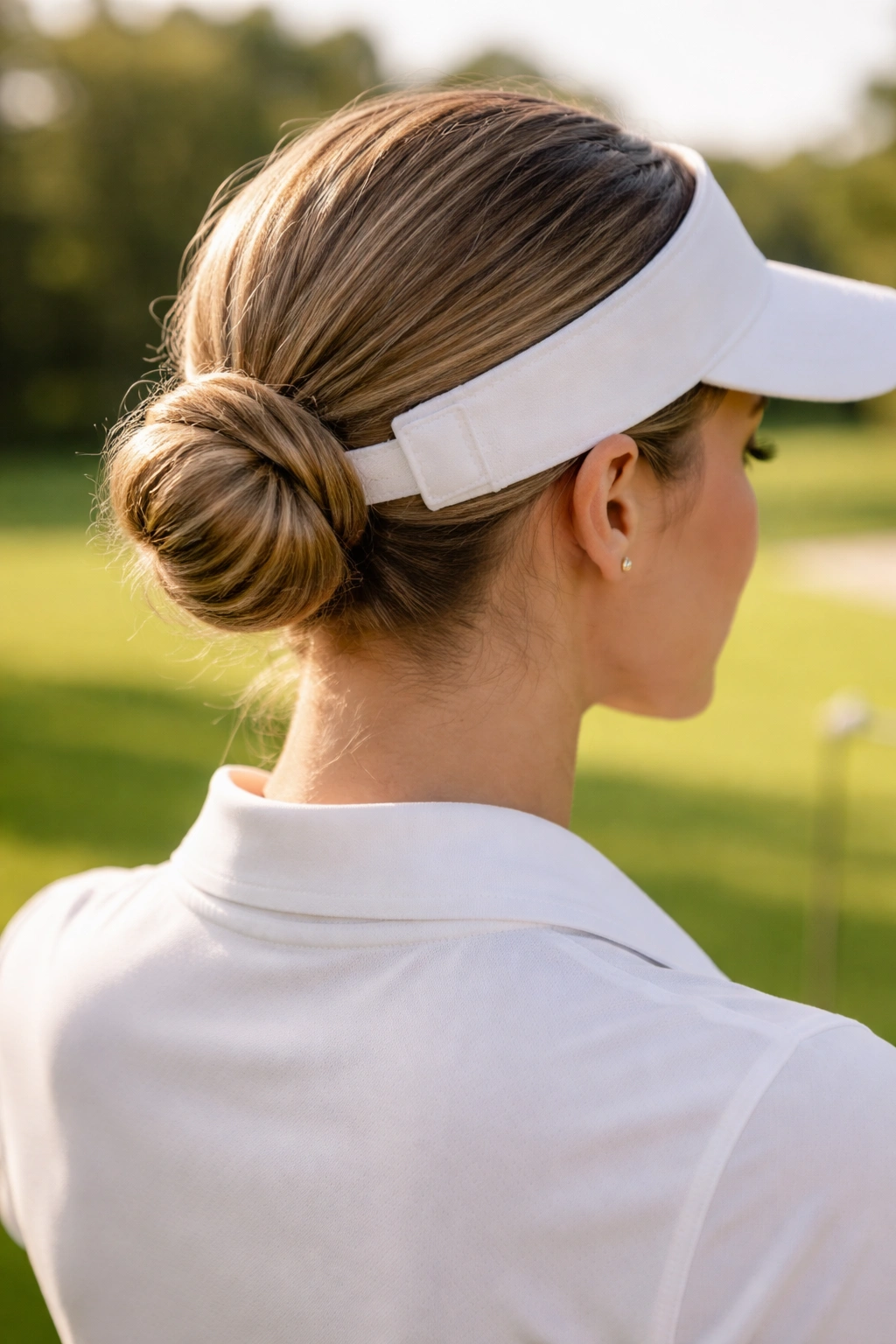 Back of a golfer's neck with a tight low bun at the base of the skull