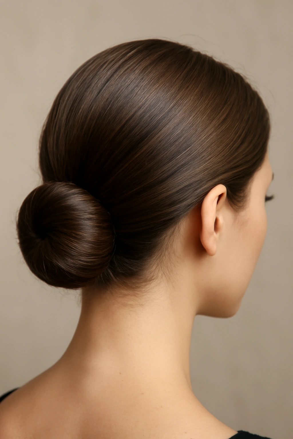 Close-up of a sleek low bun at the nape of the neck, neat and polished.