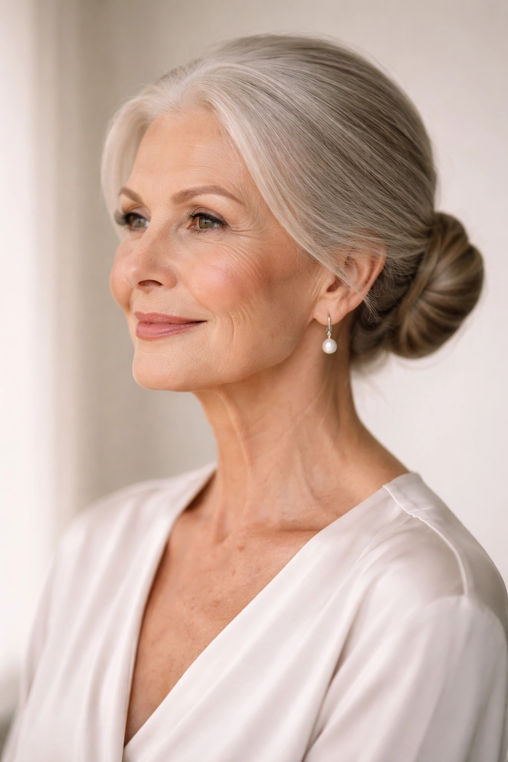 Mature woman with a sleek low bun at the nape of the neck
