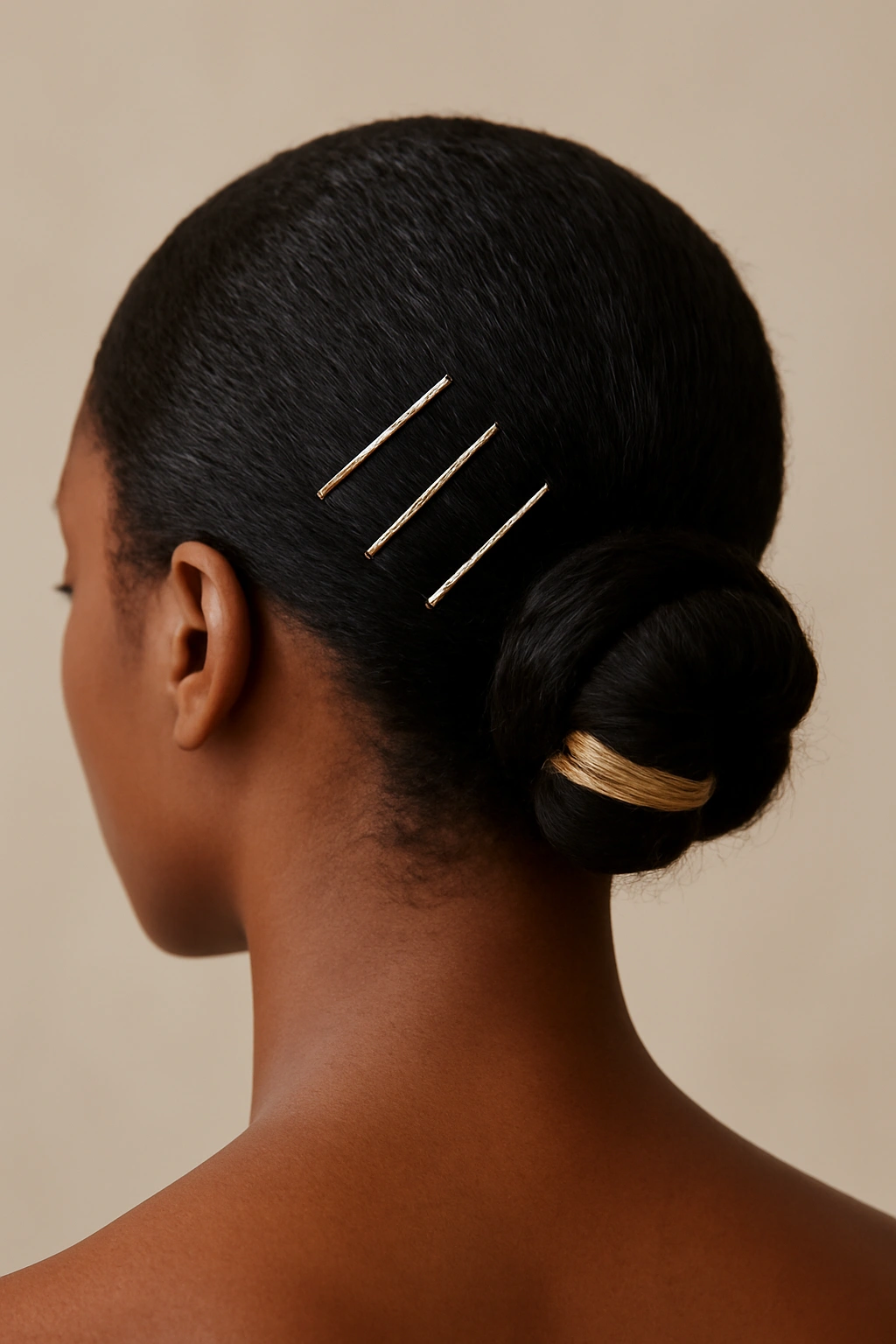 Low bun at the nape with gold pins and a decorative cuff