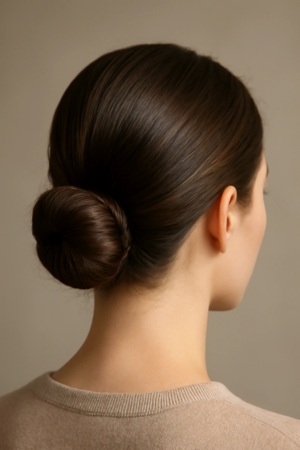 Close-up of classic low bun at the nape with smooth polished hair