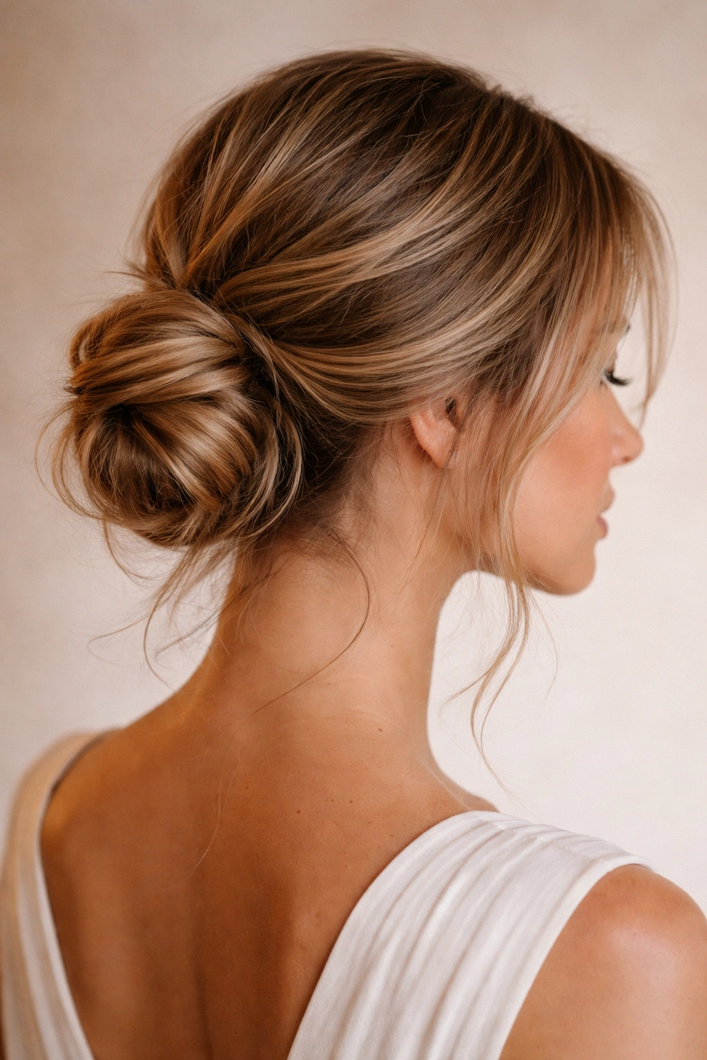 Close-up of a textured low bun with loose face-framing strands