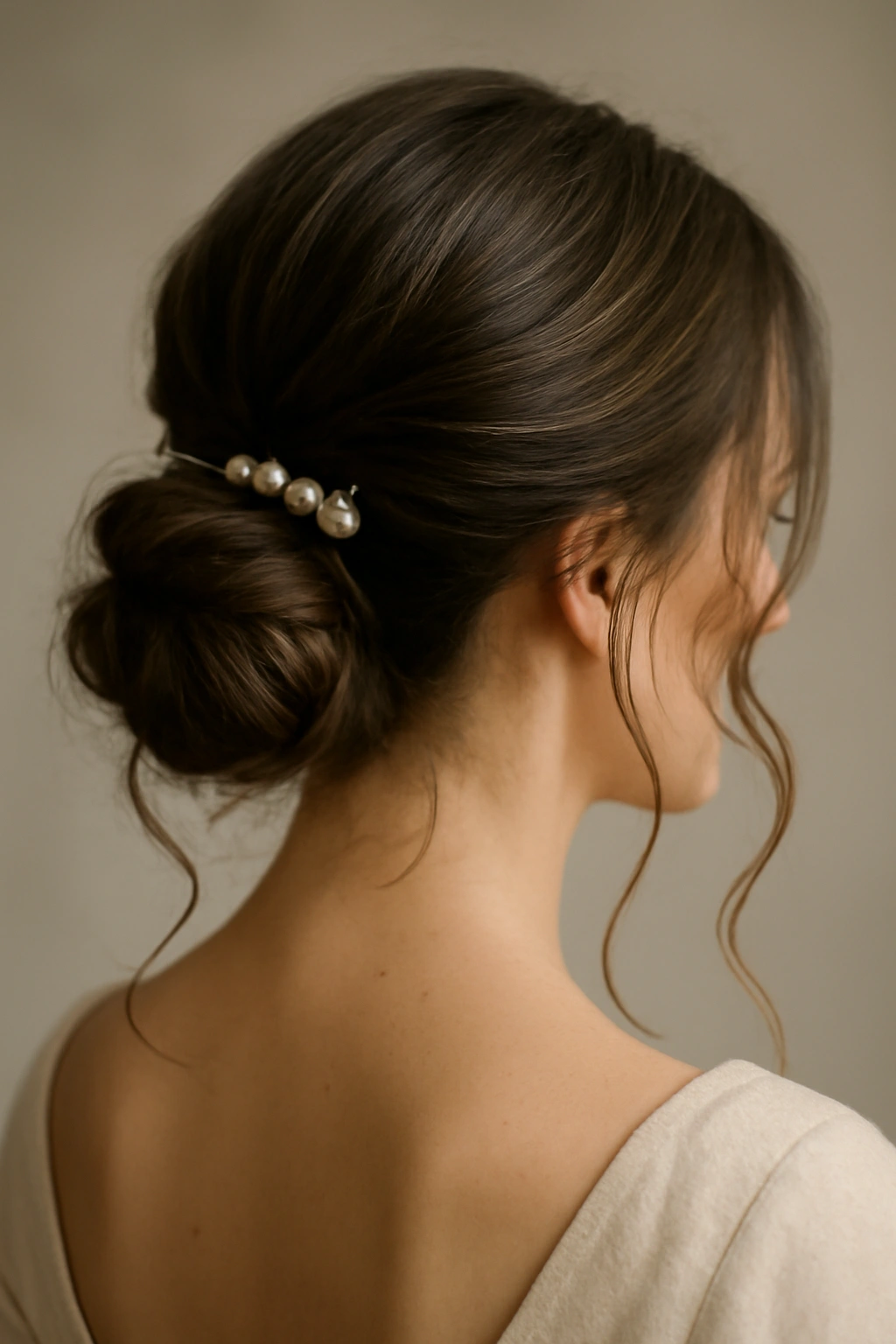 Low bun with cascading tendrils bridal hairstyle