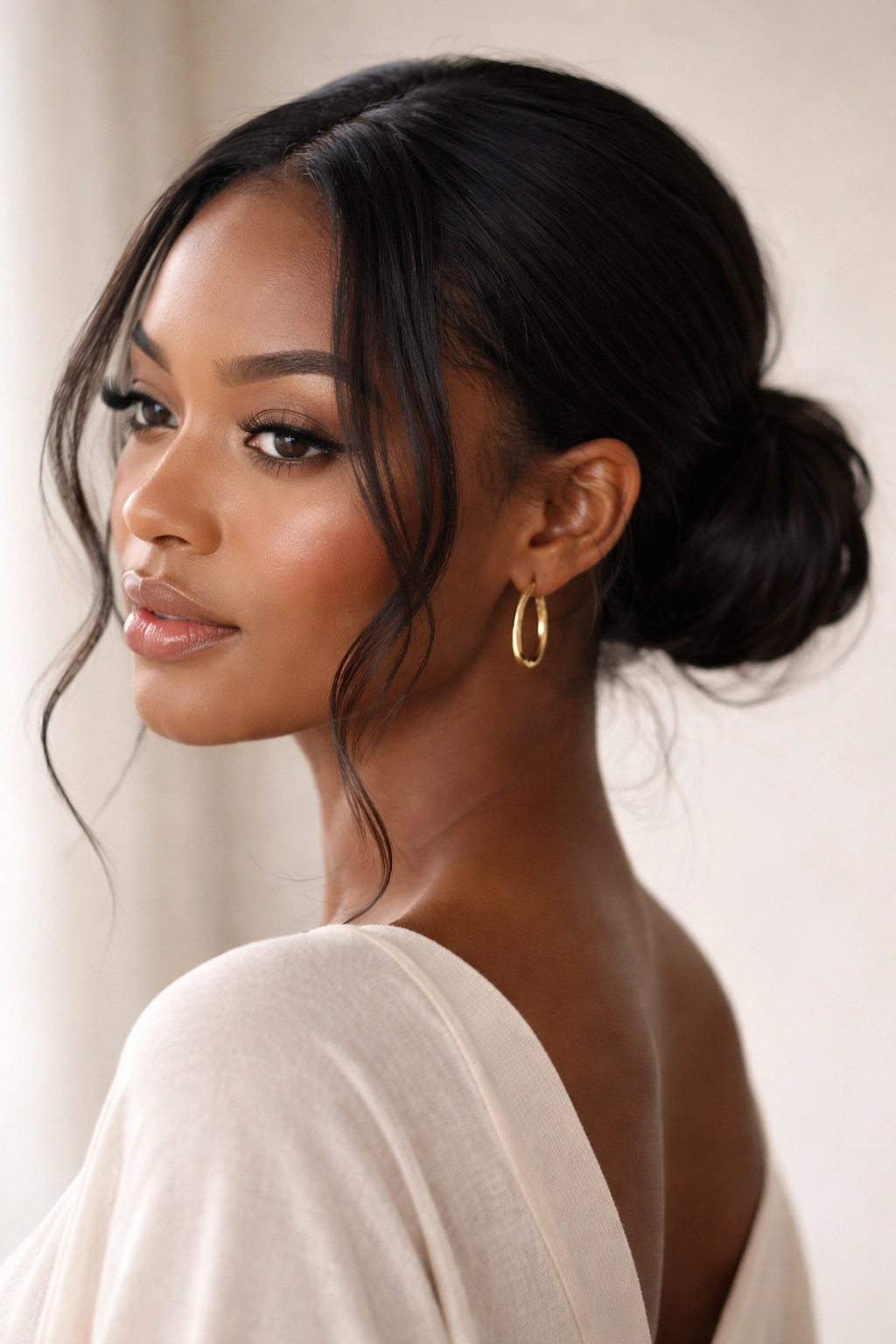 Close-up of a low bun with wispy face-framing pieces