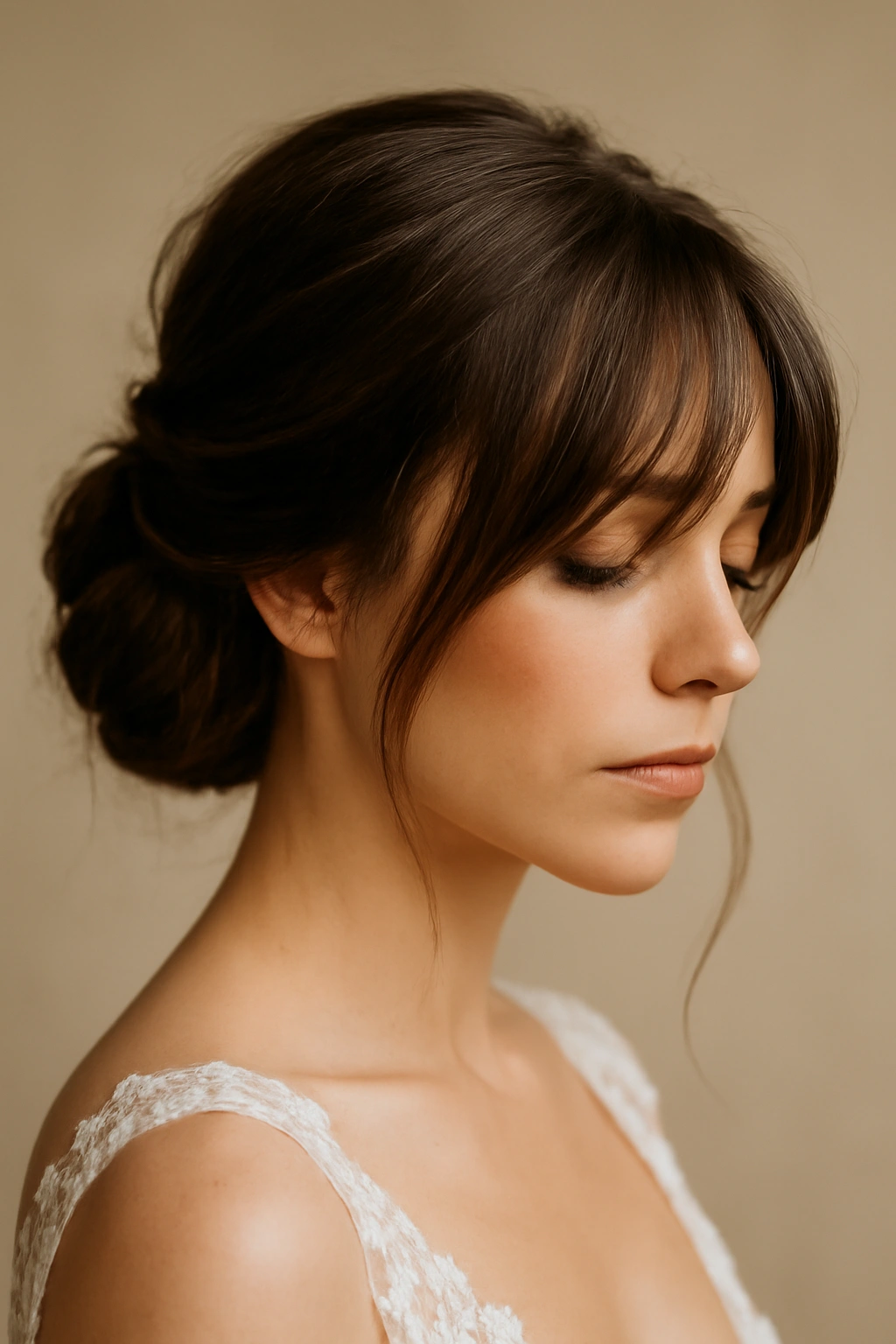 Close-up of a bridal textured low chignon with longer bangs