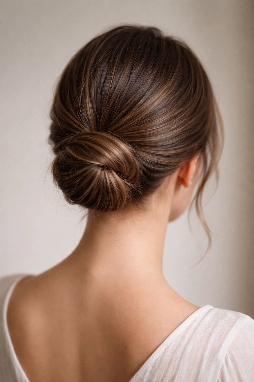 Back view of a soft, twisted low bun at the nape.
