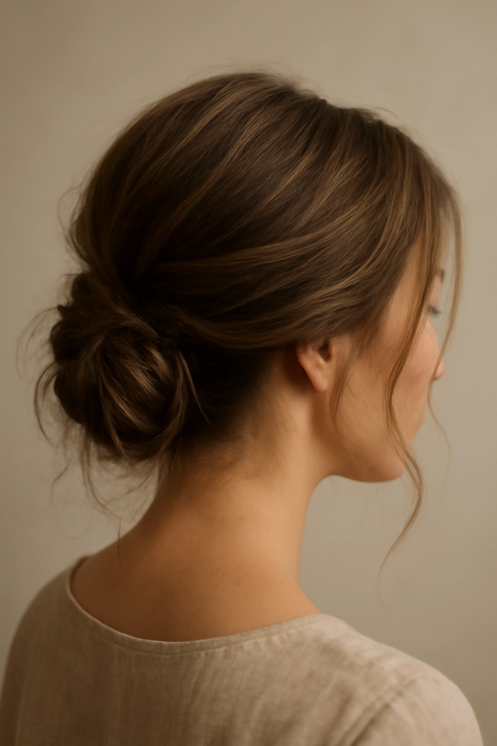 Low undone chignon at the nape with loose strands for a romantic wedding hairstyle