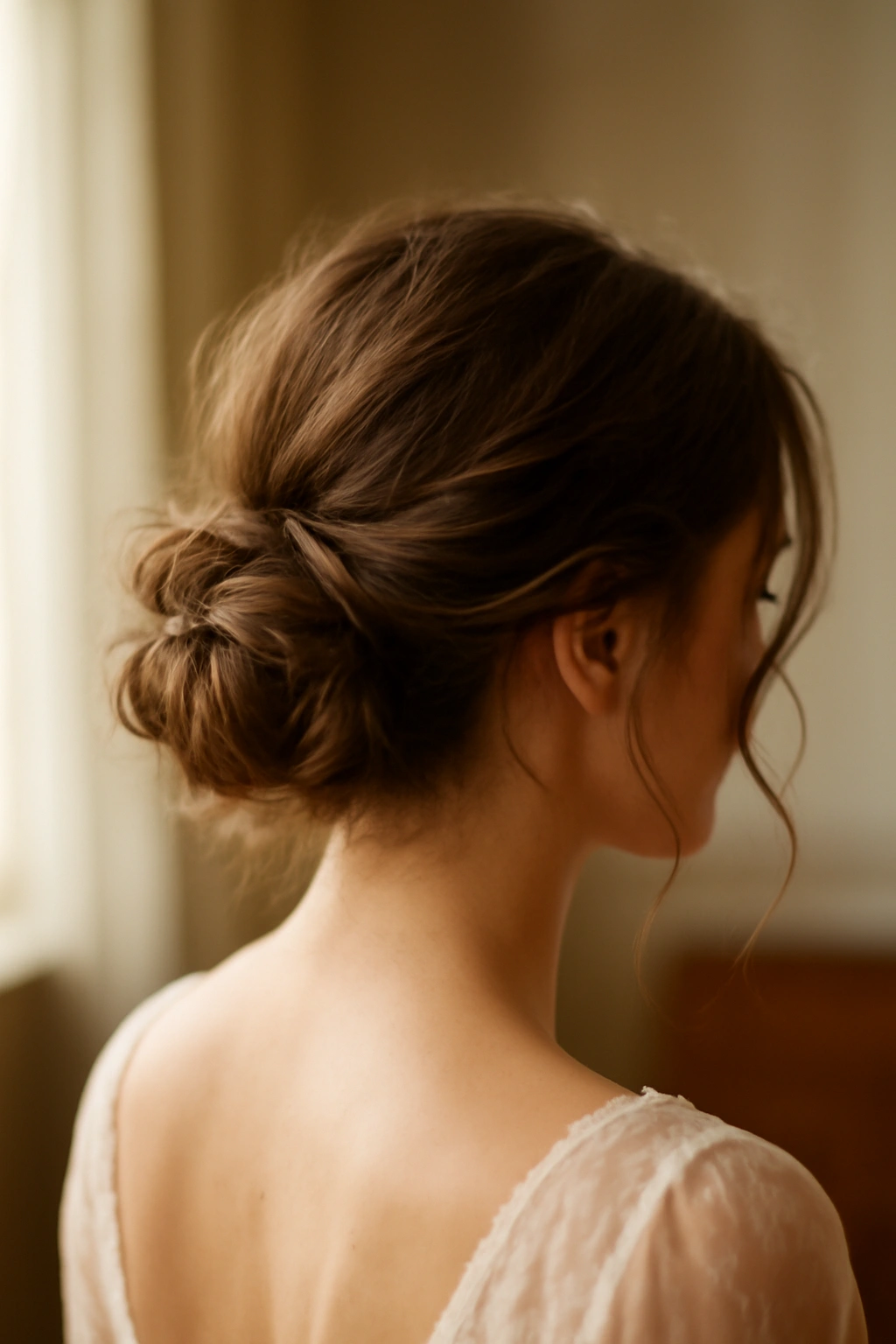 Bride with an undone low chignon at the nape and soft face-framing pieces.
