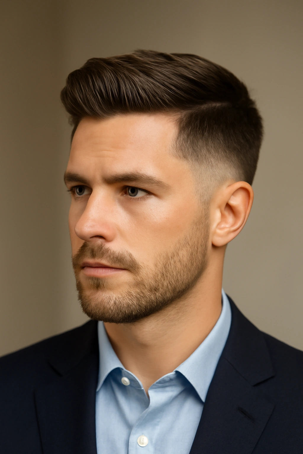 Close-up portrait of a man with a low fade and longer top for a versatile look