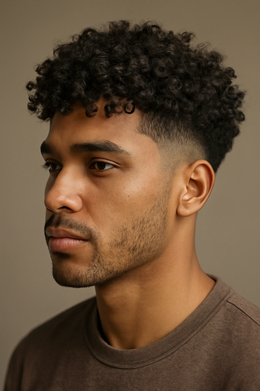 Low fade on sides with chin-length crown on Type 3C curls