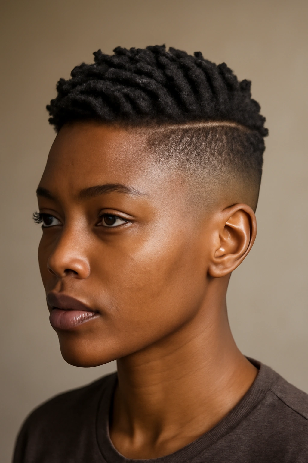Portrait of a Black woman with a low-fade high-top and twists on top