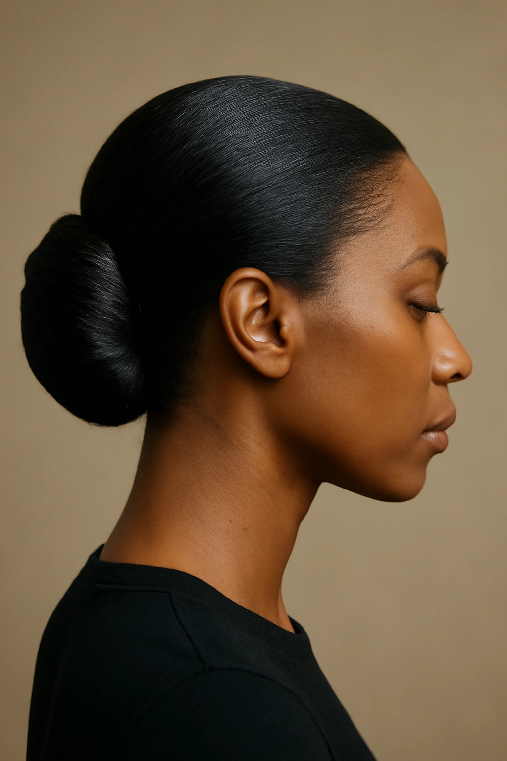 Low nape French roll with a sleek finish and subtle texture, side view