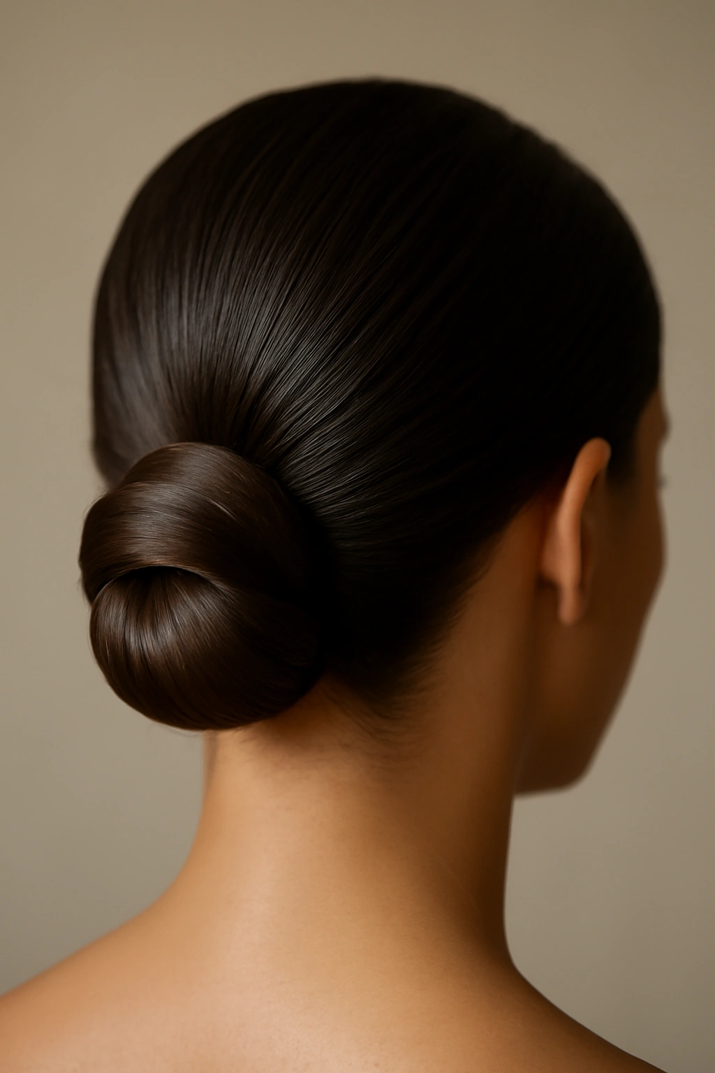 Close-up of a sleek low knot updo at the nape of the neck with sharp, clean lines.