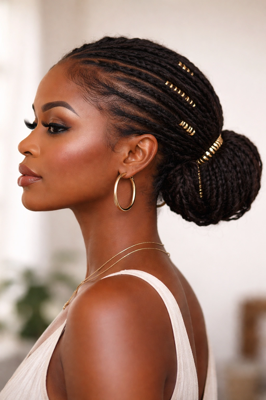Low locs pushed back into a low bun with decorative wraps