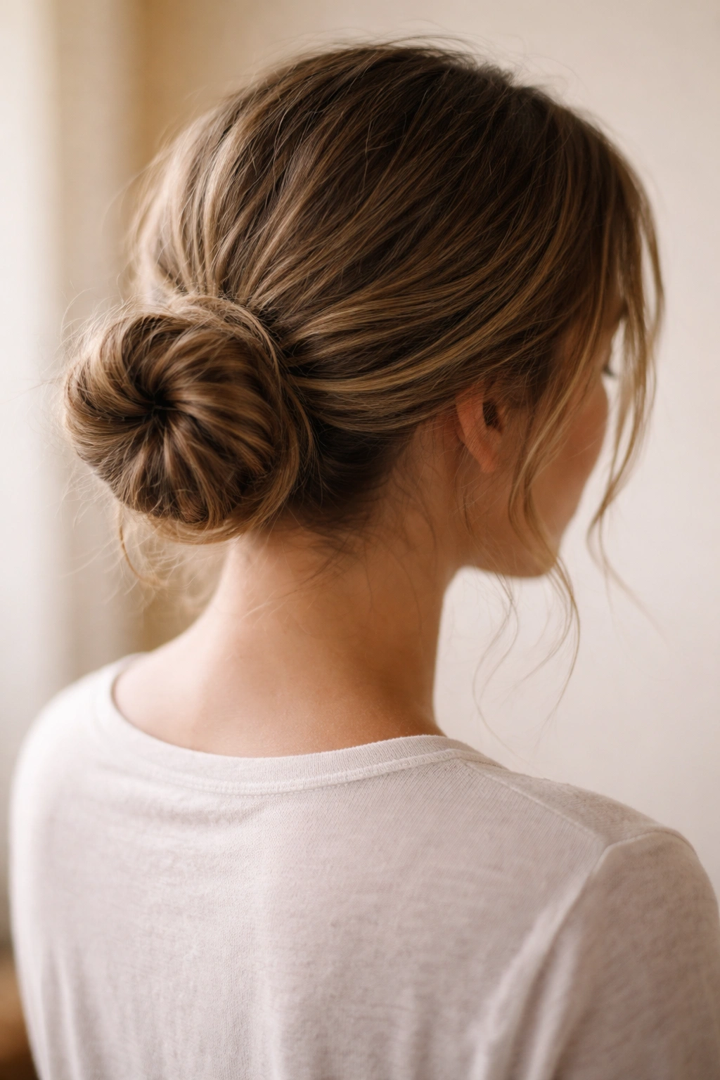 Low messy bun hairstyle at the nape of the neck
