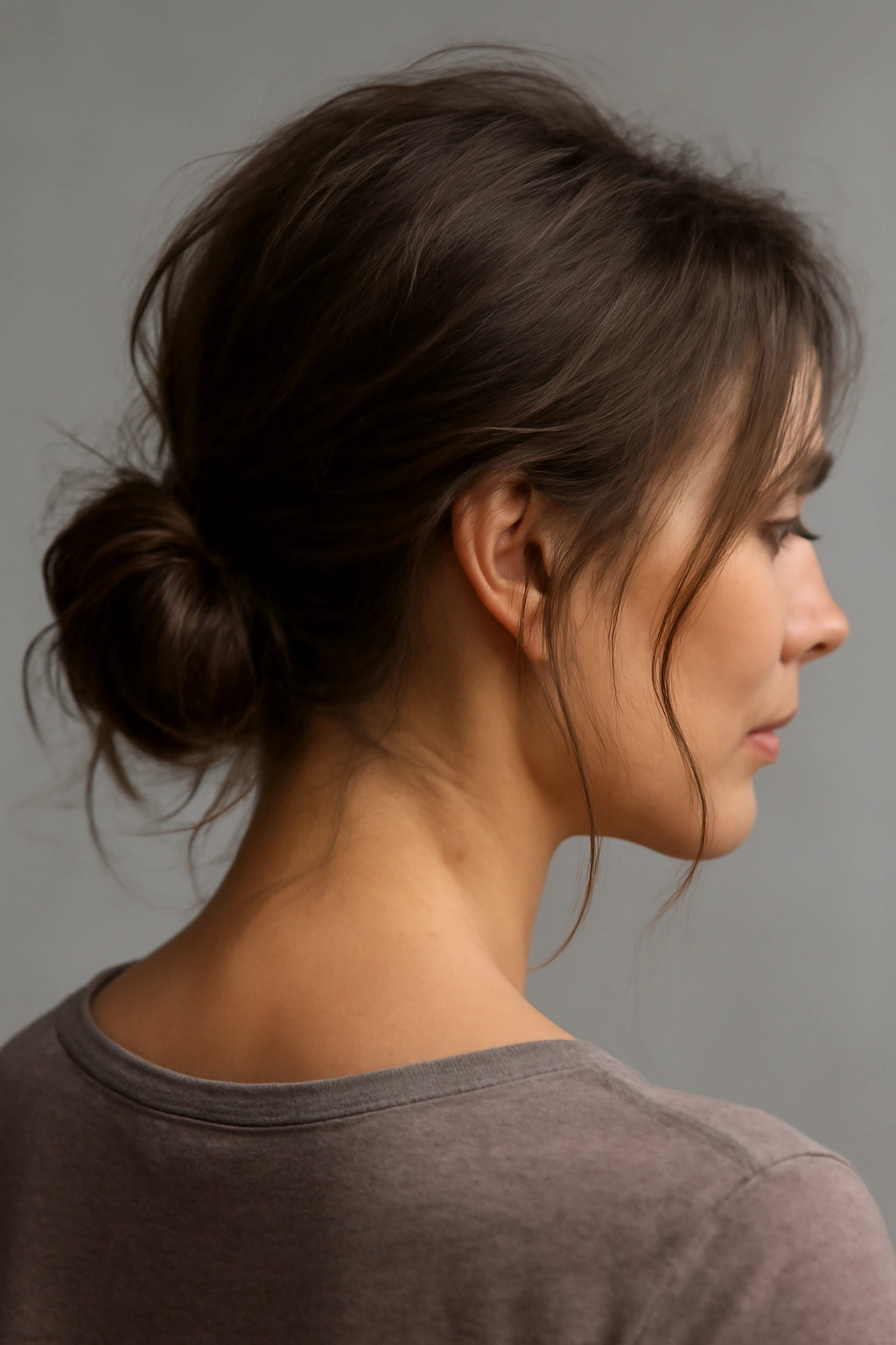Low messy bun secured at nape with relaxed texture and wisps