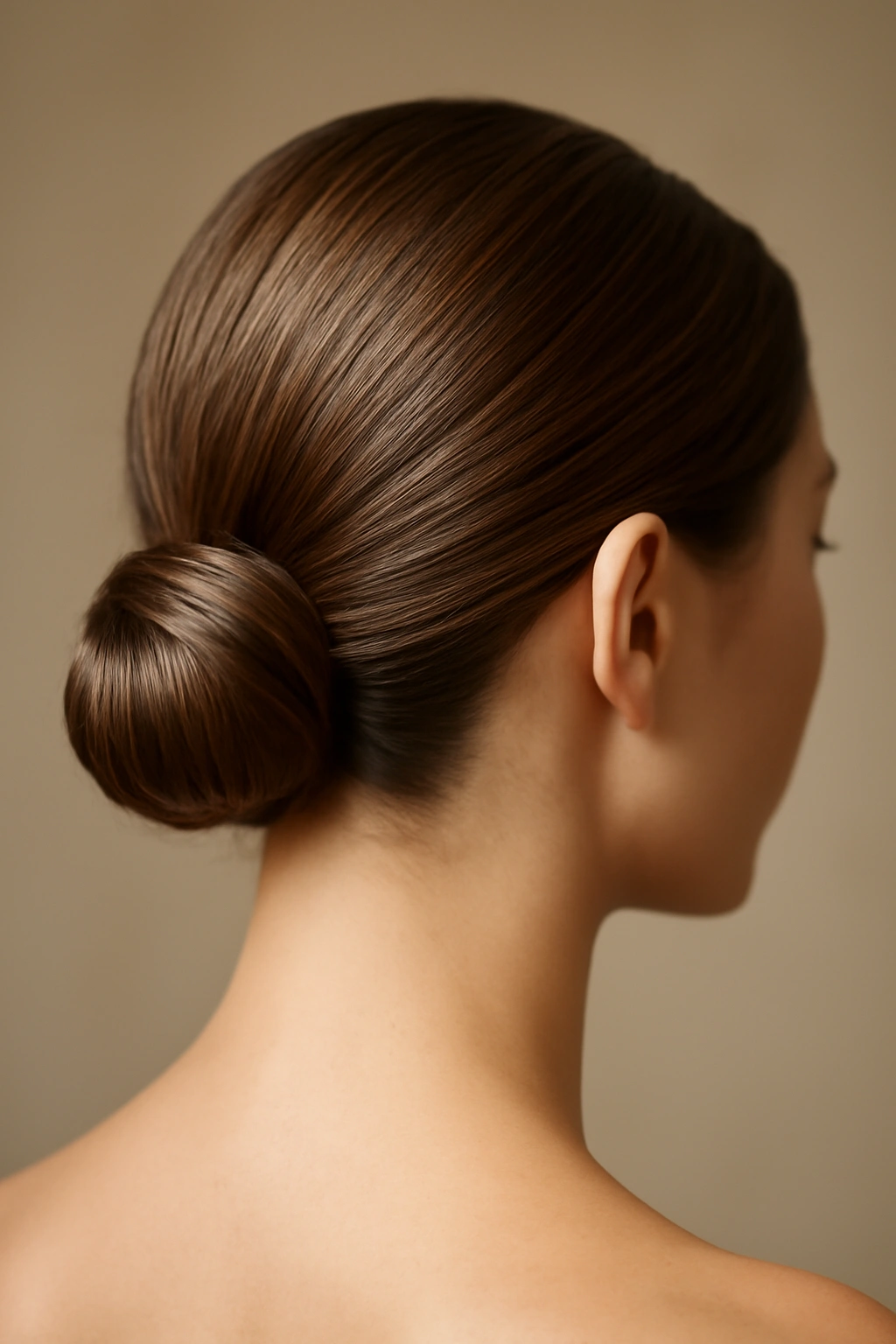Close-up of a glossy low bun at the nape of the neck in a neutral studio.